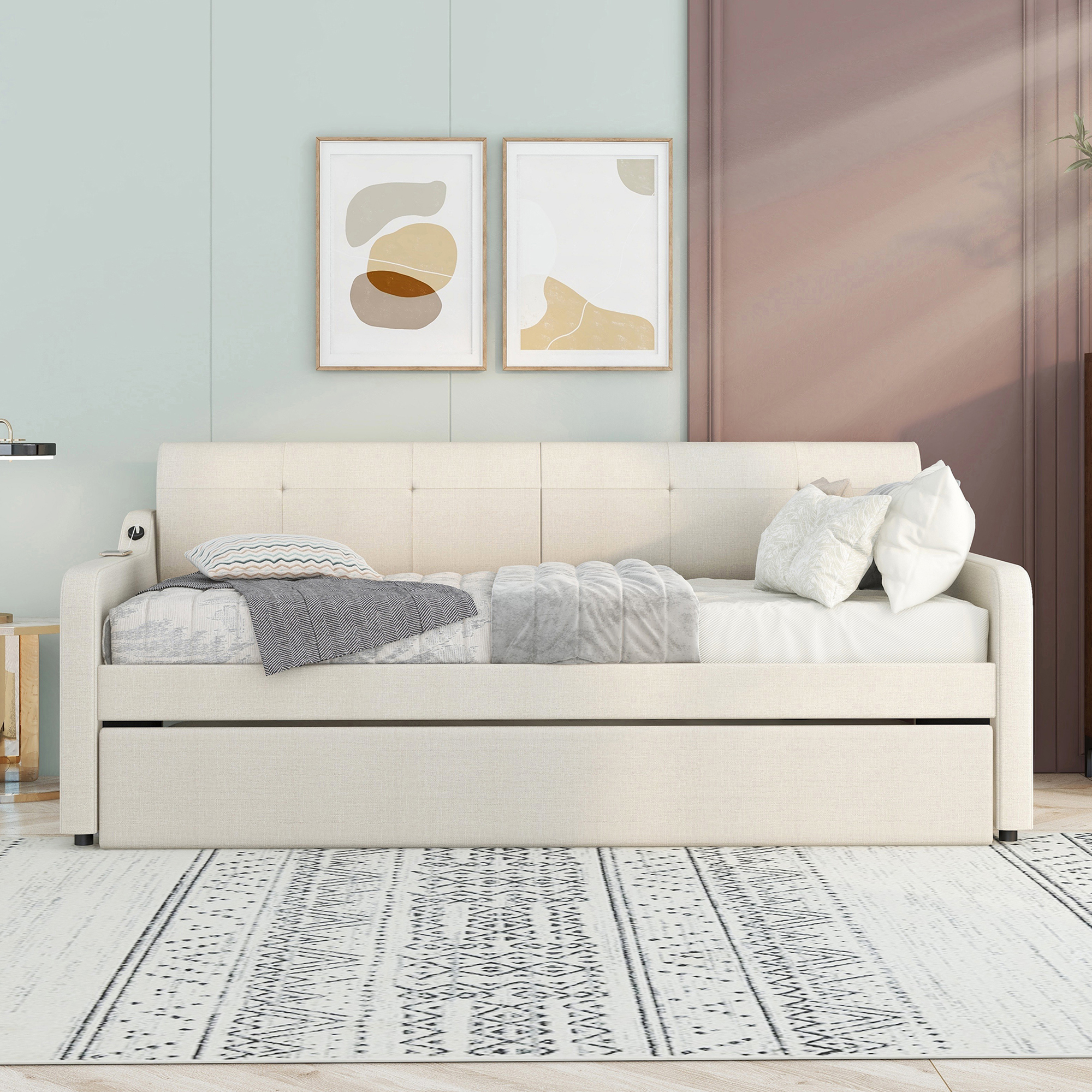 Twin Size Upholstery Daybed with Trundle and USB Charging Design Trundle can be flat or erected Beige - Image 14