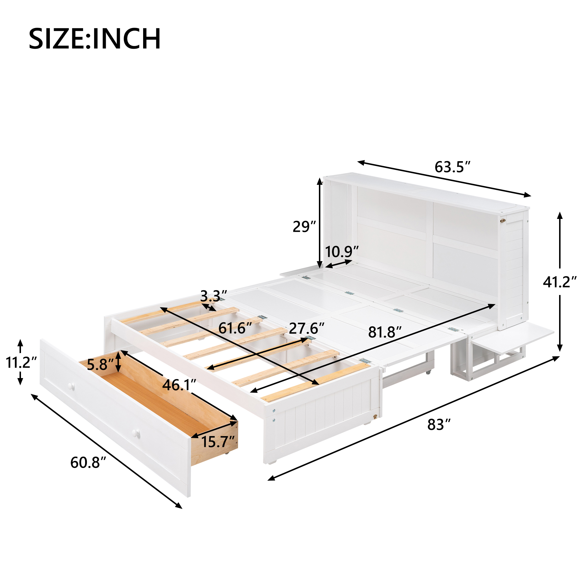 Queen Size Mobile Murphy Bed with Drawer and Little Shelves on Each Side White - Image 5