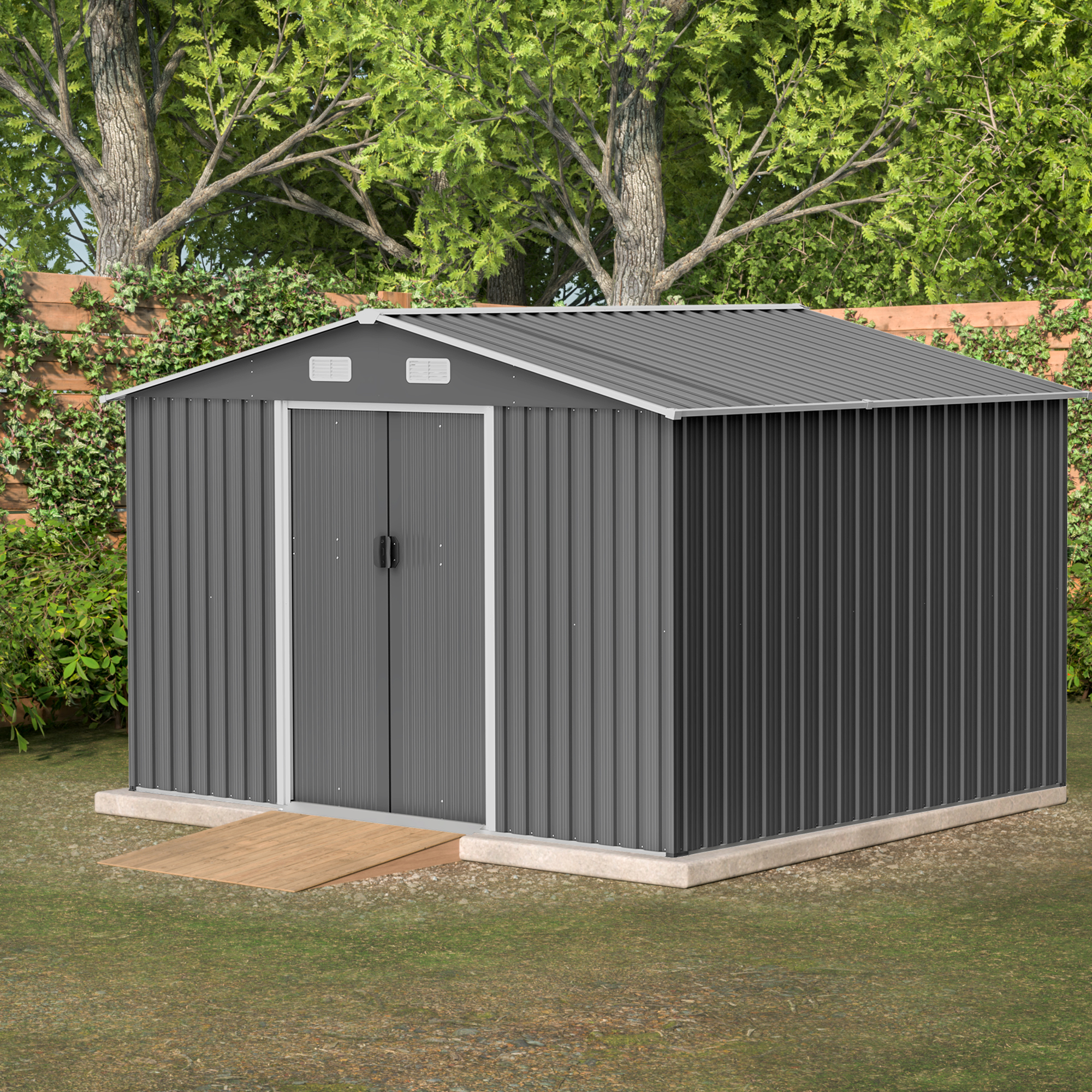 10X8 FT outdoor tool storage shed with metal foundation and lockable door, all-weather metal shed, gray - Image 2