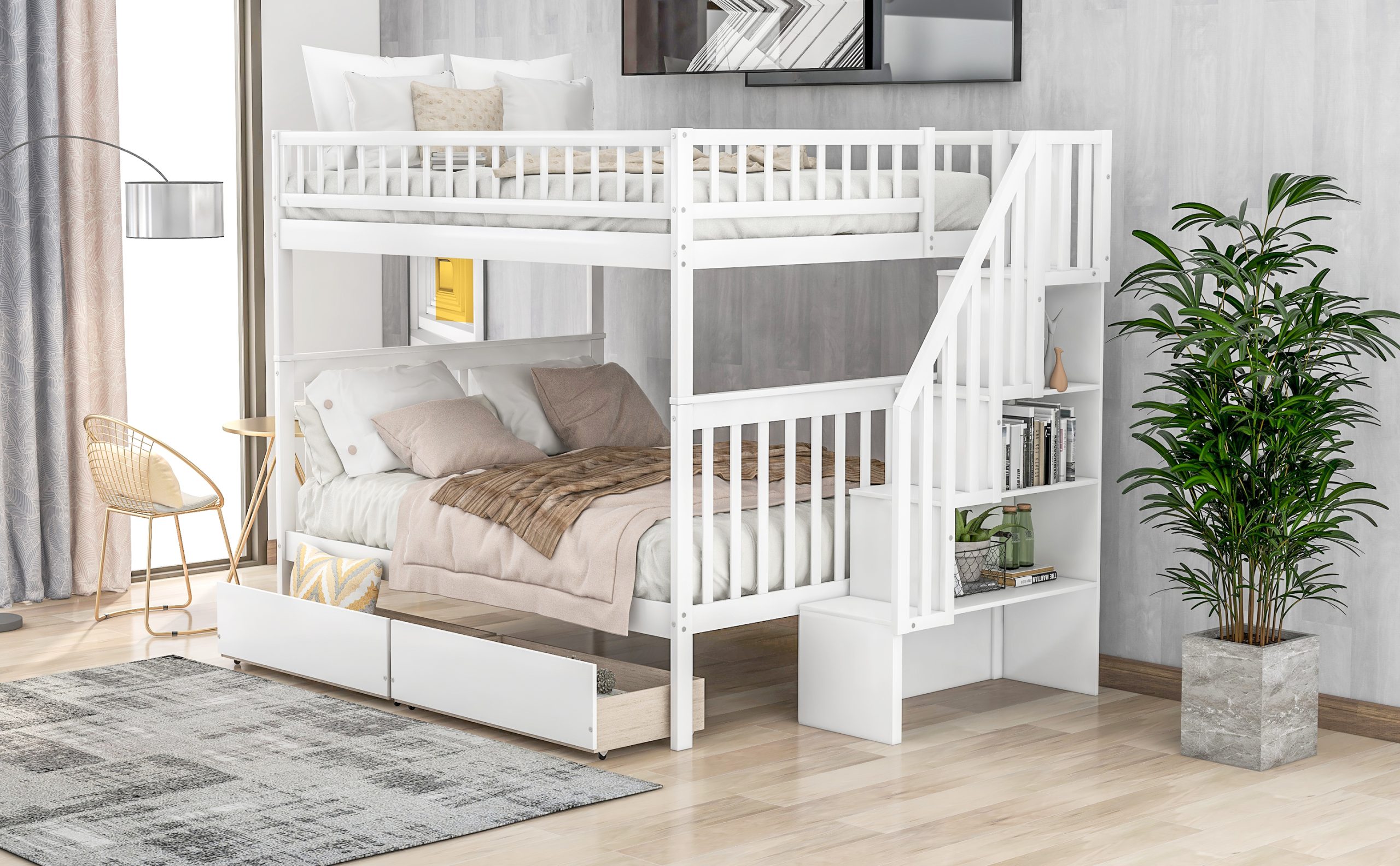 Full over Full Bunk Bed with Two Drawers and Storage White - Image 10