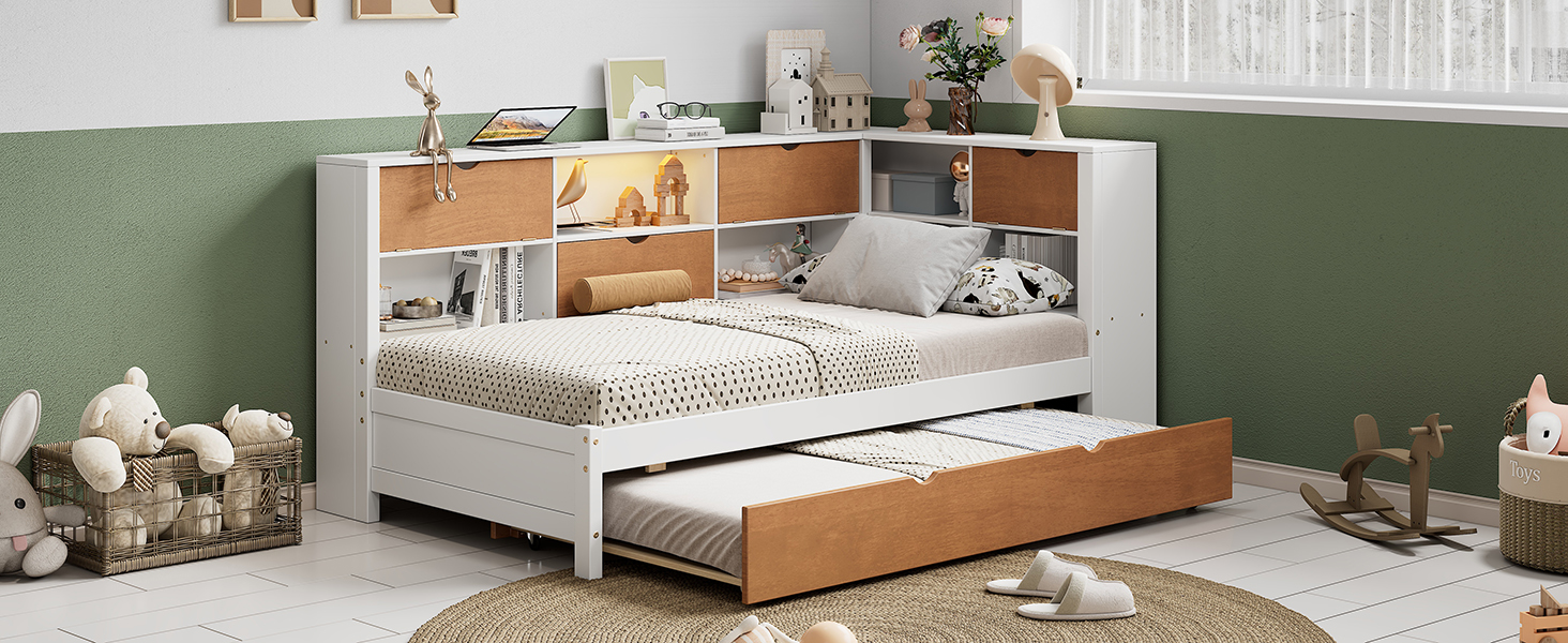 L-shaped bed frame with luggage and bookshelf, corner bed wooden captain's bed LED tube light and USB port walnut and white - Image 17