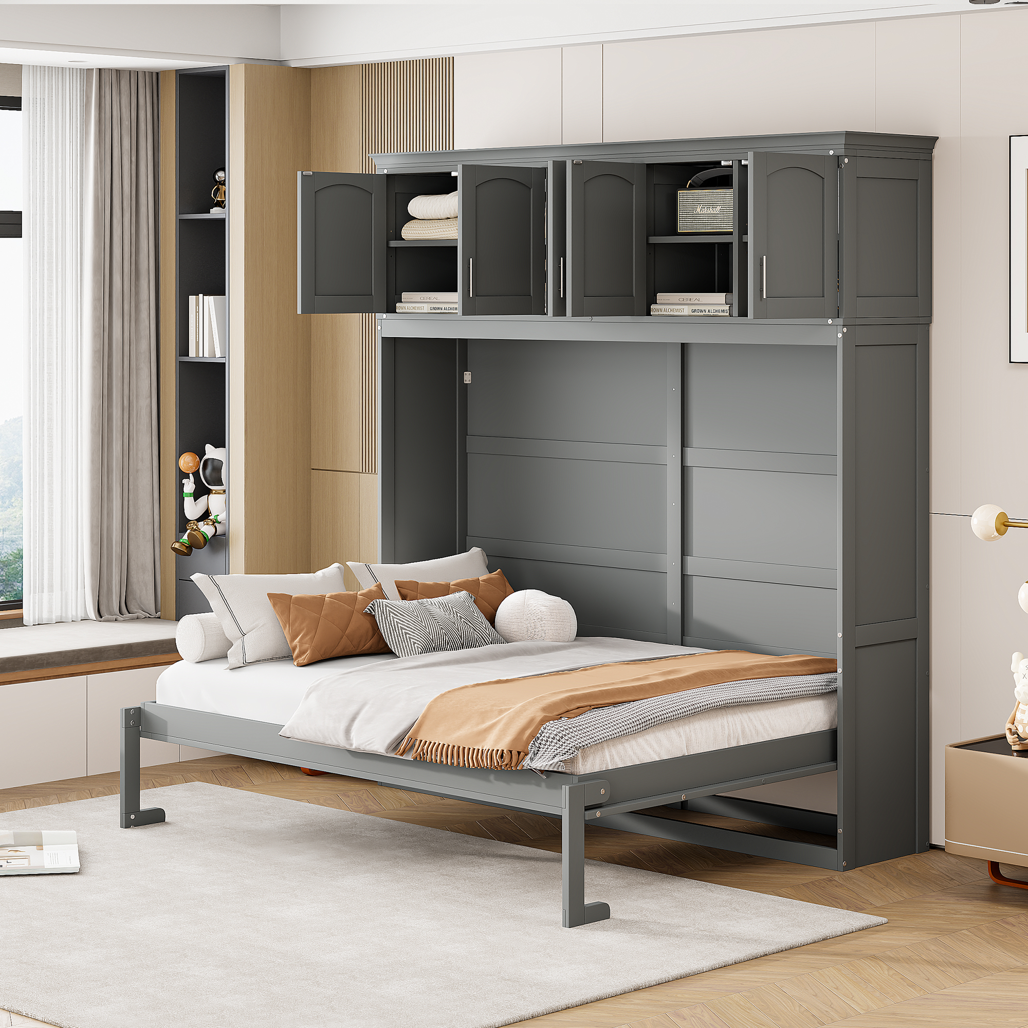 Full Size Murphy Bed Wall Bed with Top Cabinets,Gray - Image 21