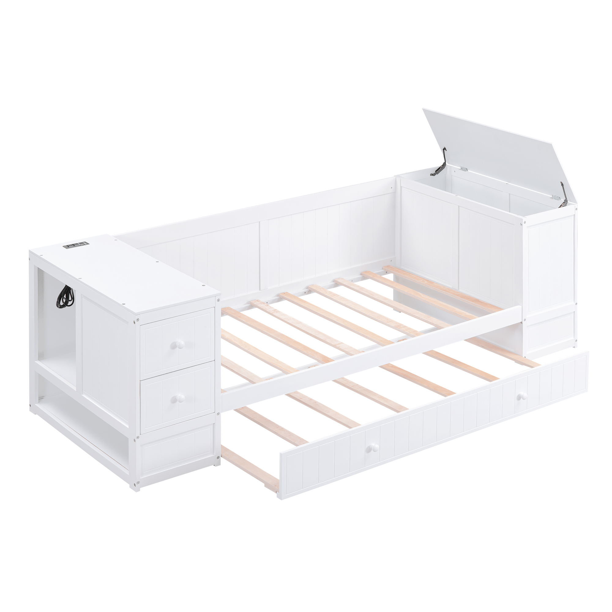 Twin Size Daybed with Storage Arms Trundle and Charging Station White - Image 12