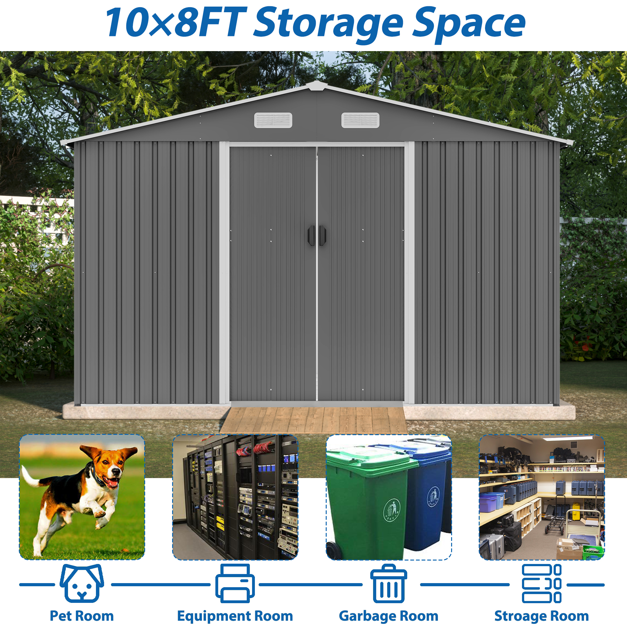 10X8 FT outdoor tool storage shed with metal foundation and lockable door, all-weather metal shed, gray - Image 11