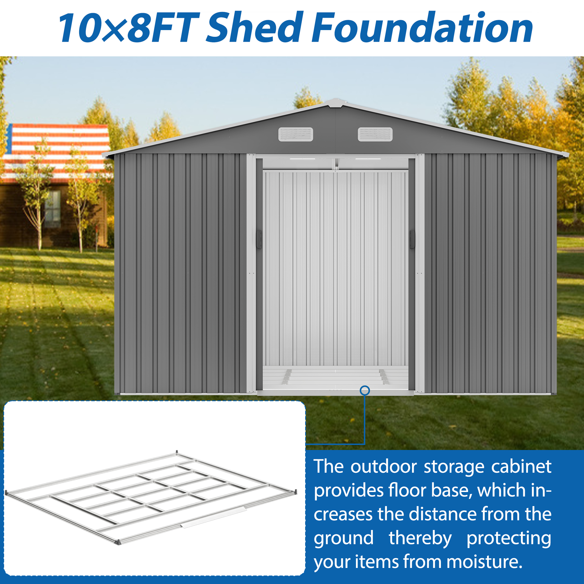 10X8 FT outdoor tool storage shed with metal foundation and lockable door, all-weather metal shed, gray - Image 6
