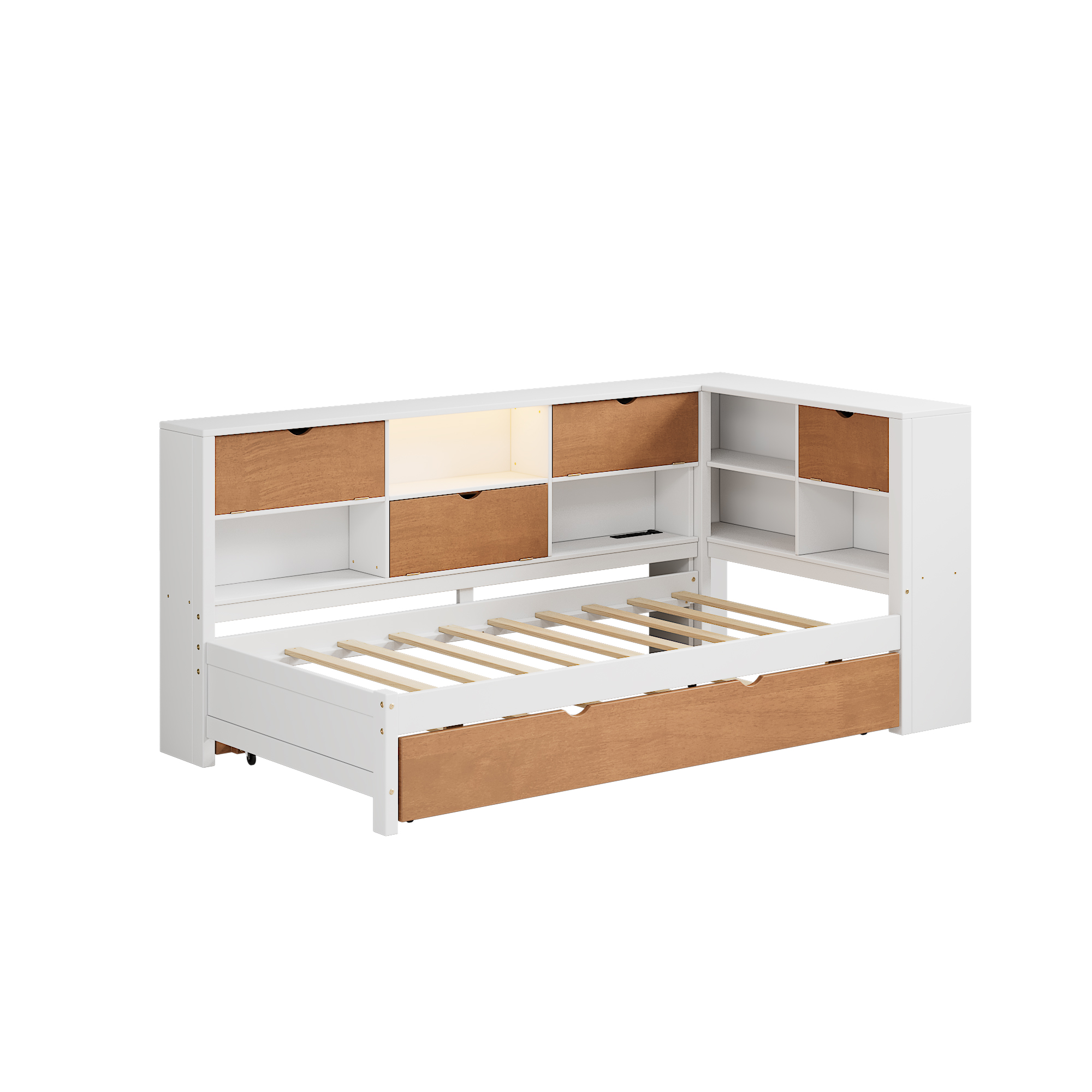 L-shaped bed frame with luggage and bookshelf, corner bed wooden captain's bed LED tube light and USB port walnut and white - Image 9