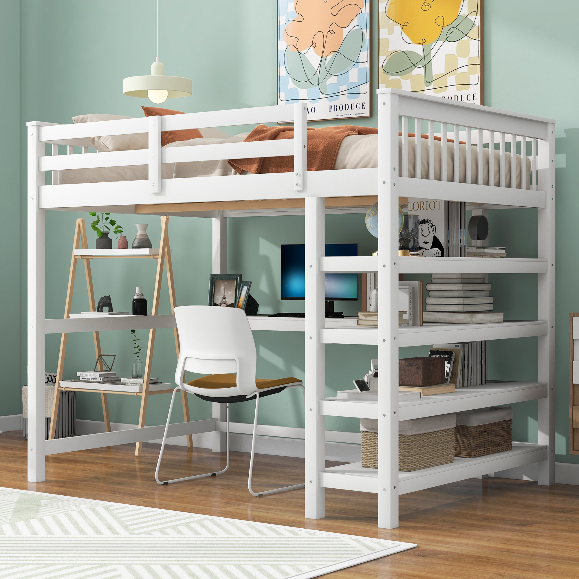 Full Size Loft Bed with Storage Shelves and Under-bed Desk White