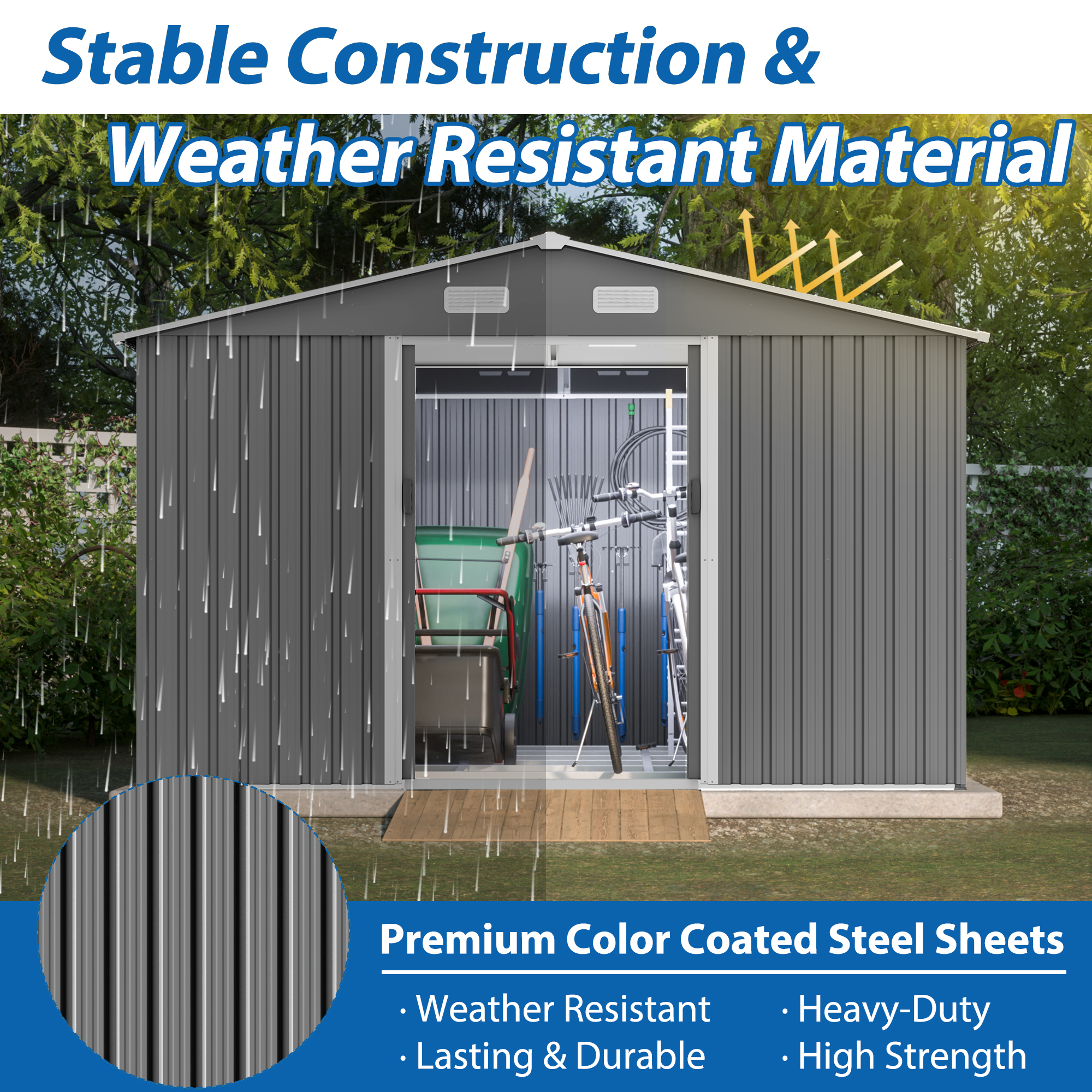 10X8 FT outdoor tool storage shed with metal foundation and lockable door, all-weather metal shed, gray - Image 3