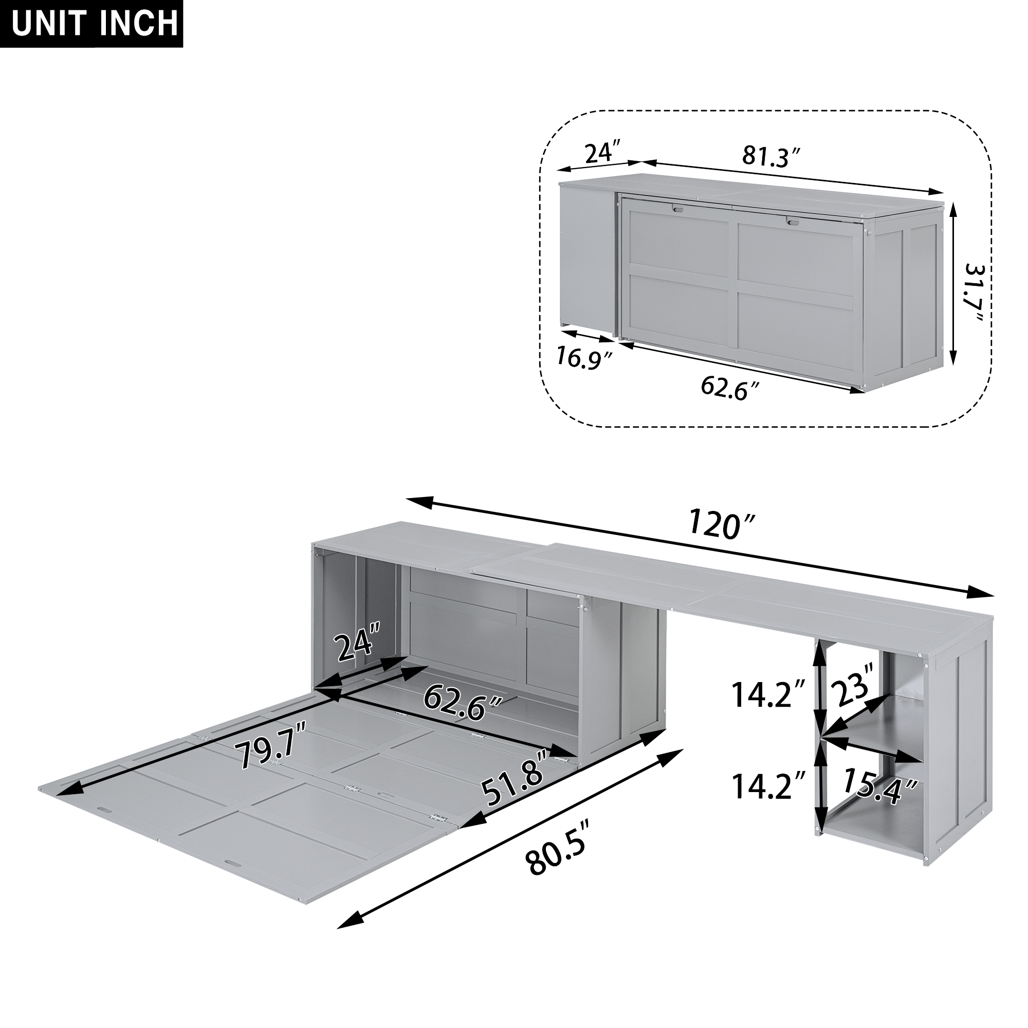 Queen Size Murphy Bed with Rotable Desk Gray - Image 8