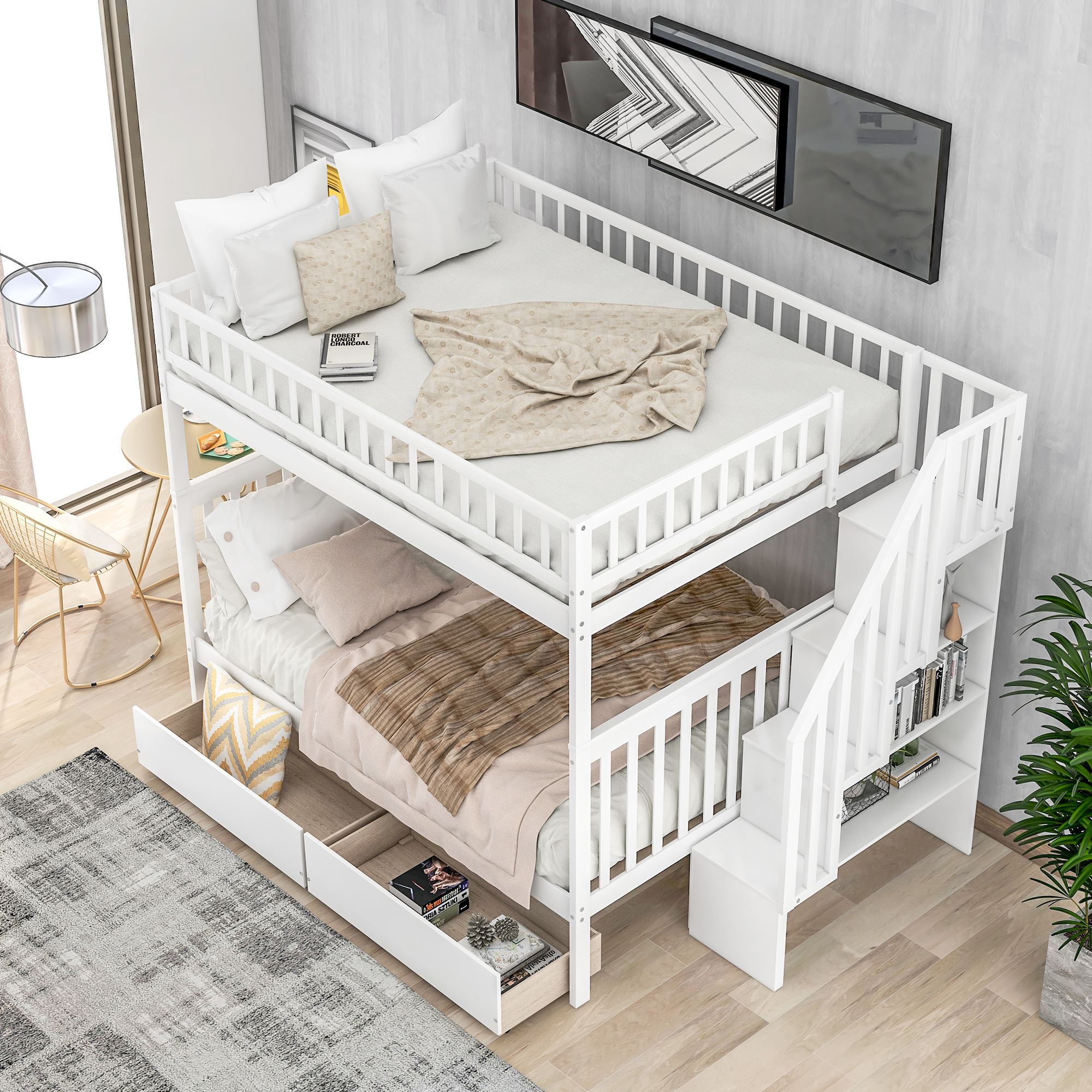 Full over Full Bunk Bed with Two Drawers and Storage White - Image 3