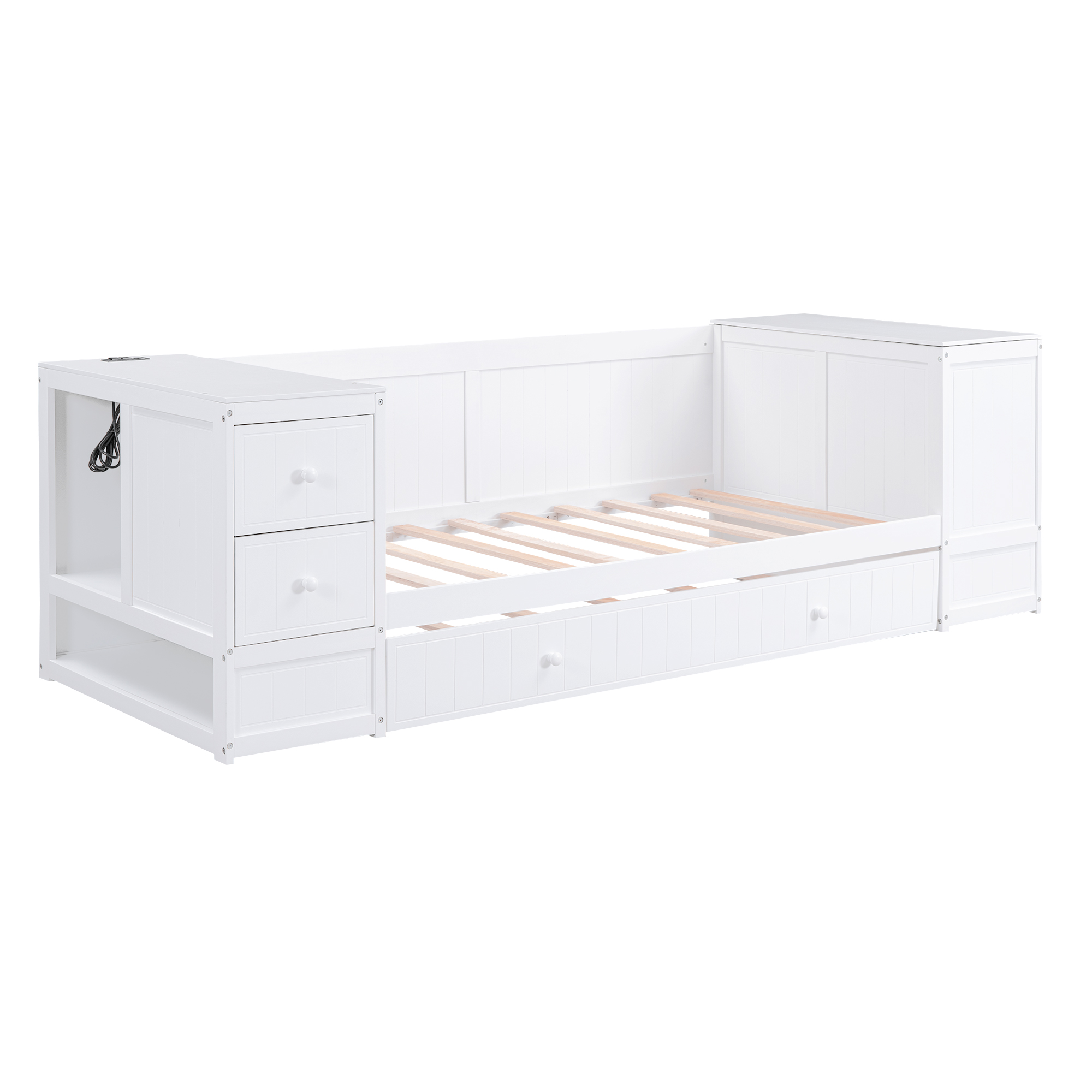Twin Size Daybed with Storage Arms Trundle and Charging Station White - Image 15