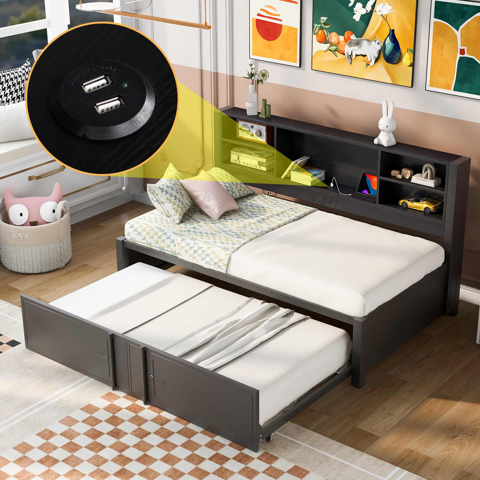Metal Twin Size Daybed with Twin Size Trundle Storage Shelves and USB Ports Black - Image 3