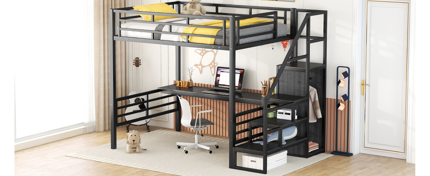 Full Size Metal Loft Bed with Desk, Storage Staircase and Small Wardrobe, Storage stairs can be installed left and right,Black - Image 6