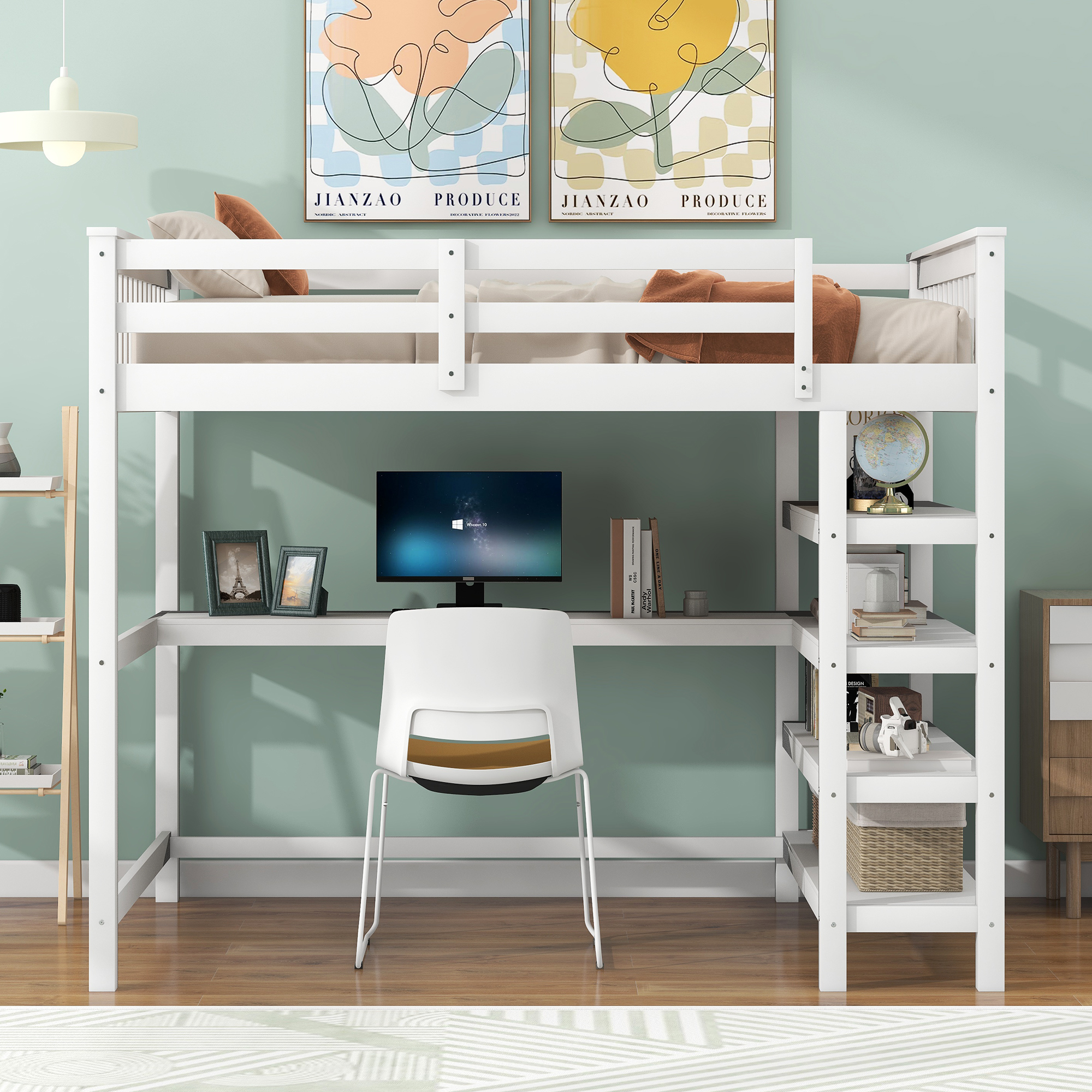 Full Size Loft Bed with Storage Shelves and Under-bed Desk White - Image 11