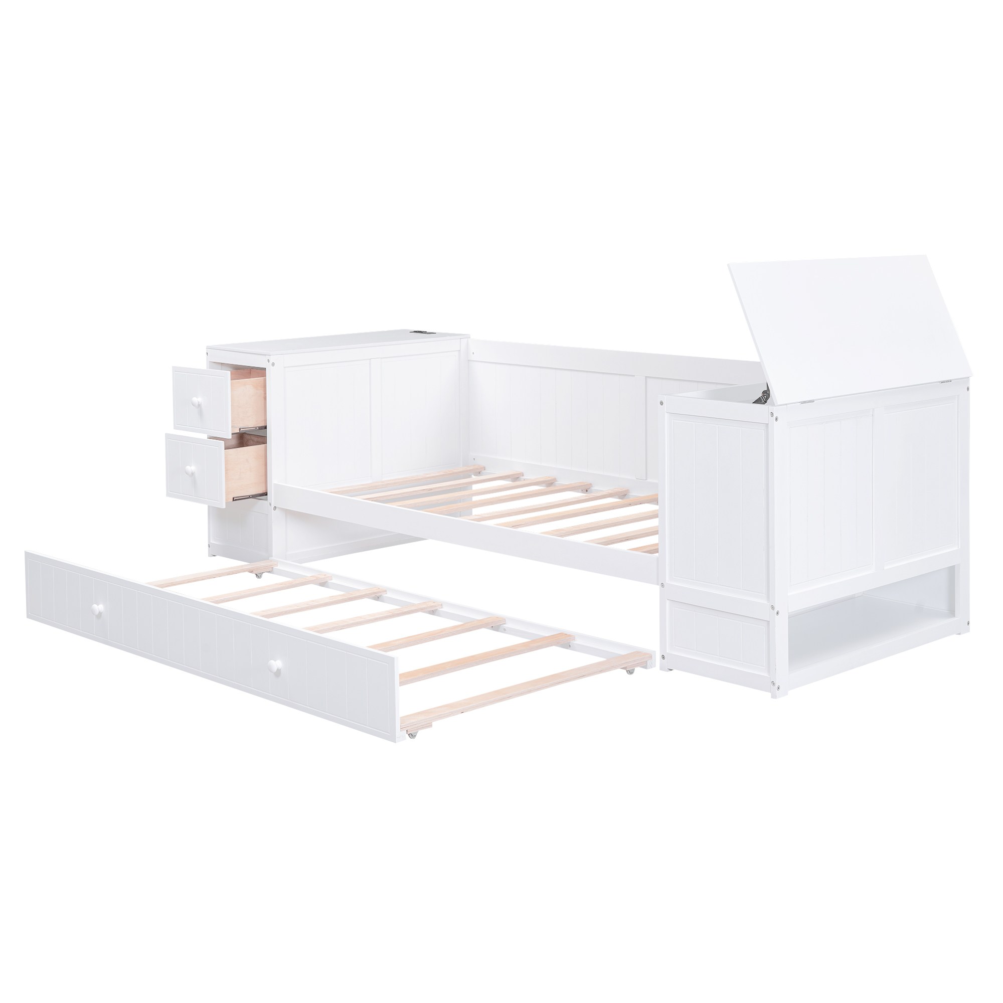 Twin Size Daybed with Storage Arms Trundle and Charging Station White - Image 13
