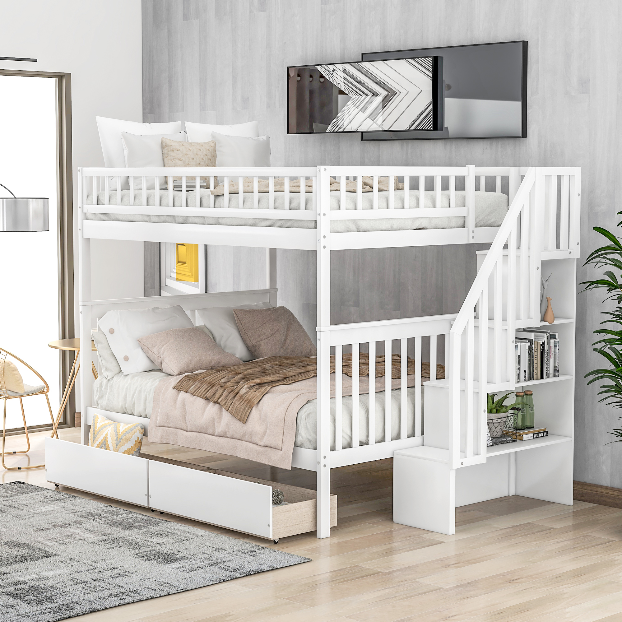 Full over Full Bunk Bed with Two Drawers and Storage White - Image 7