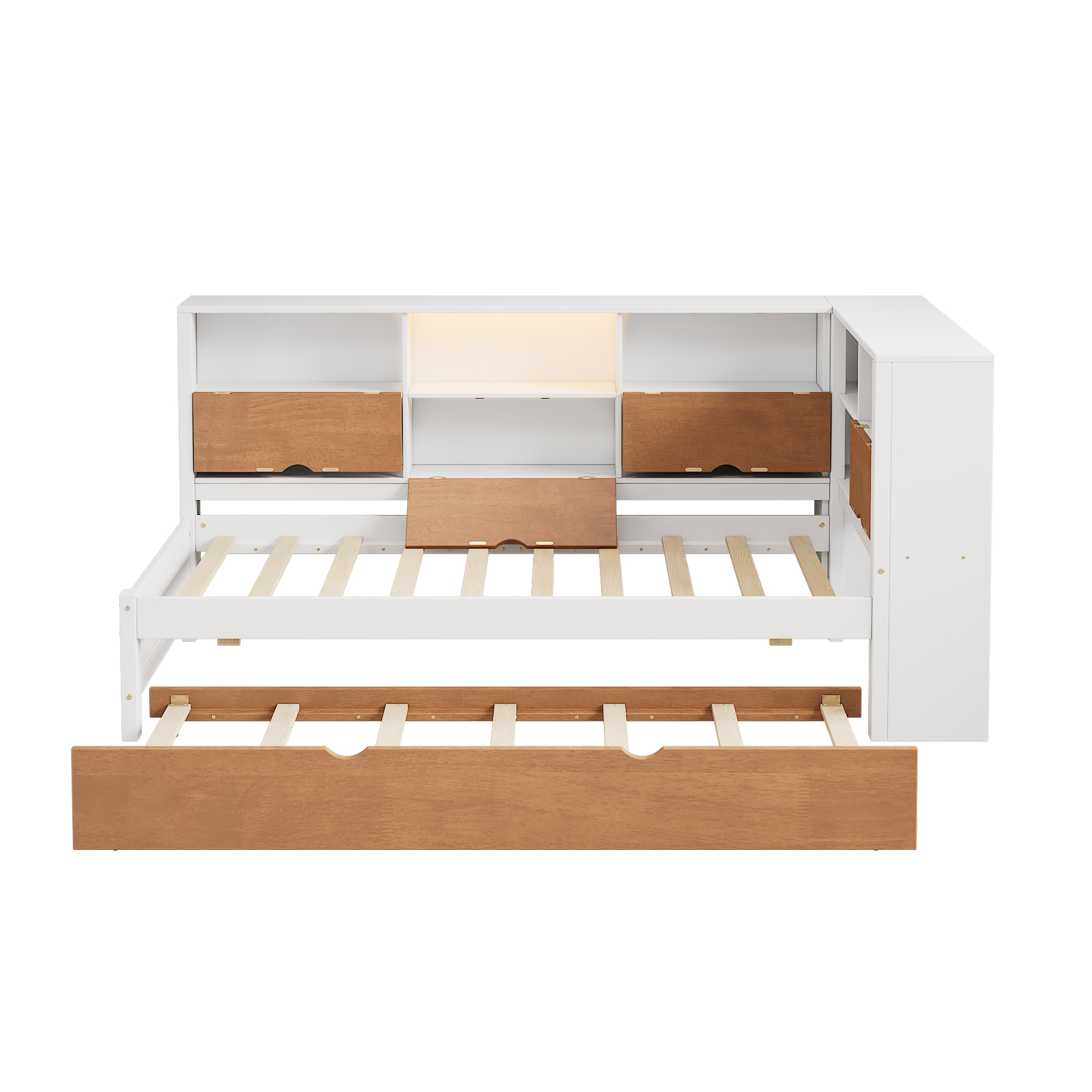 L-shaped bed frame with luggage and bookshelf, corner bed wooden captain's bed LED tube light and USB port walnut and white - Image 10