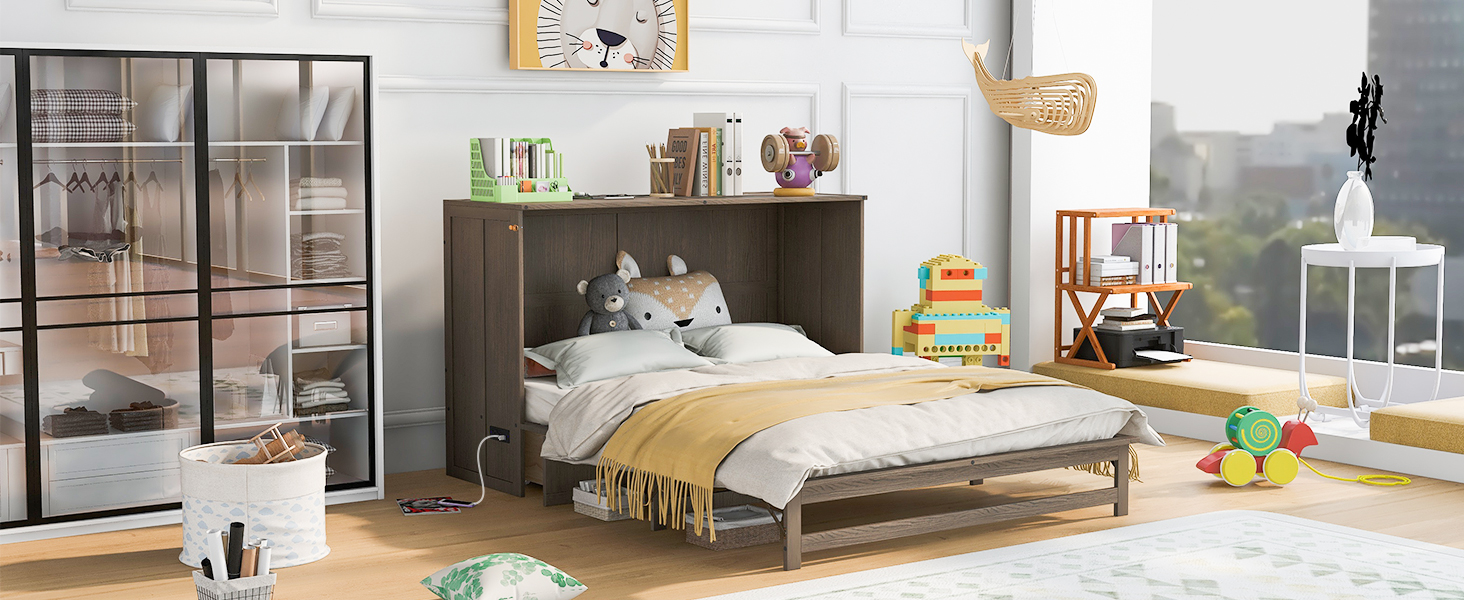 Queen Size Murphy Bed with Built-In Charging Station Antique Grey - Image 4