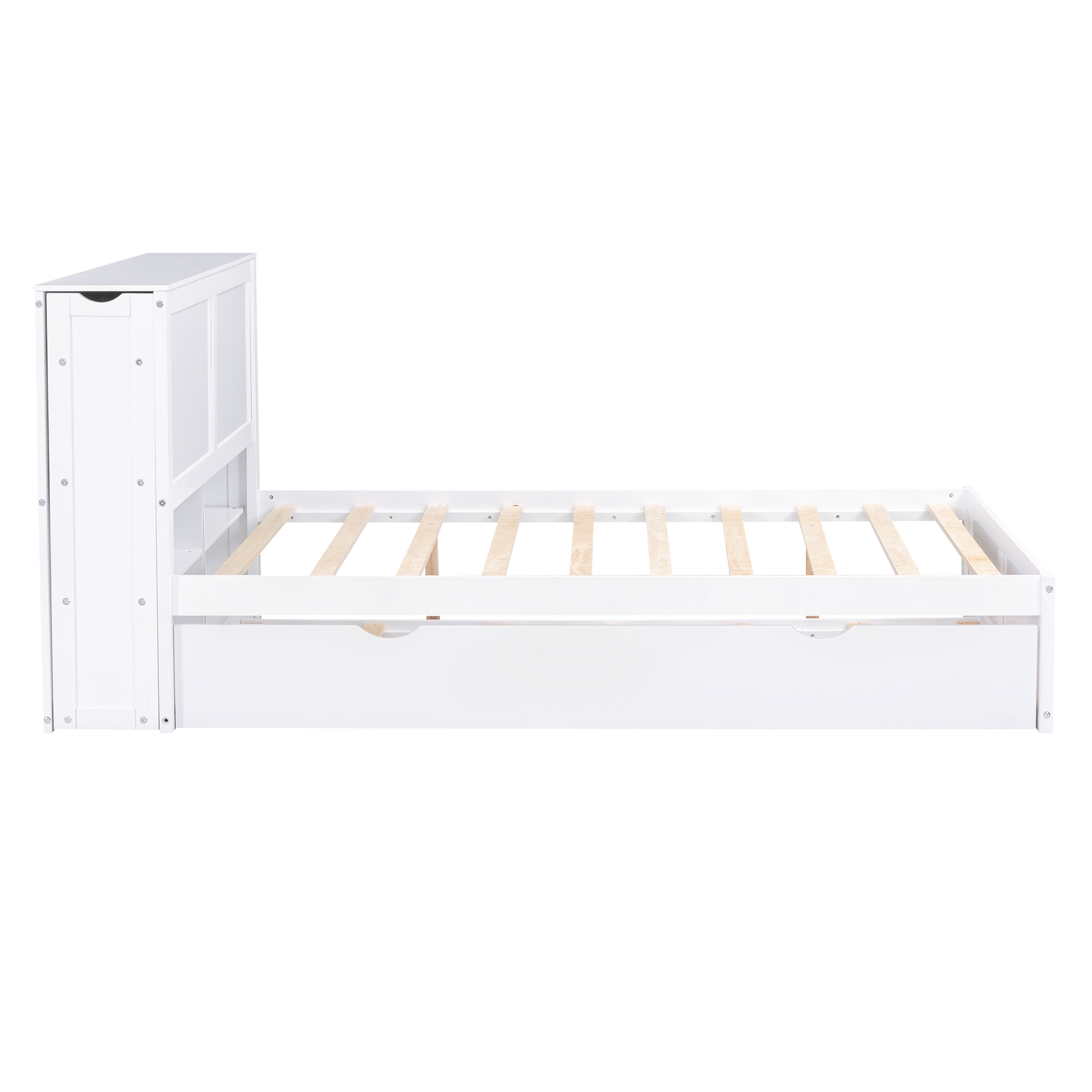 Full Size Storage Platform Bed with Pull Out Shelves and Twin Size Trundle, White - Image 2