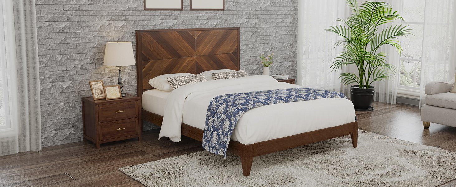 Mid-Century Modern Platform Bed Wood Slat Support with No Box Spring Needed,King Walnut - Image 4