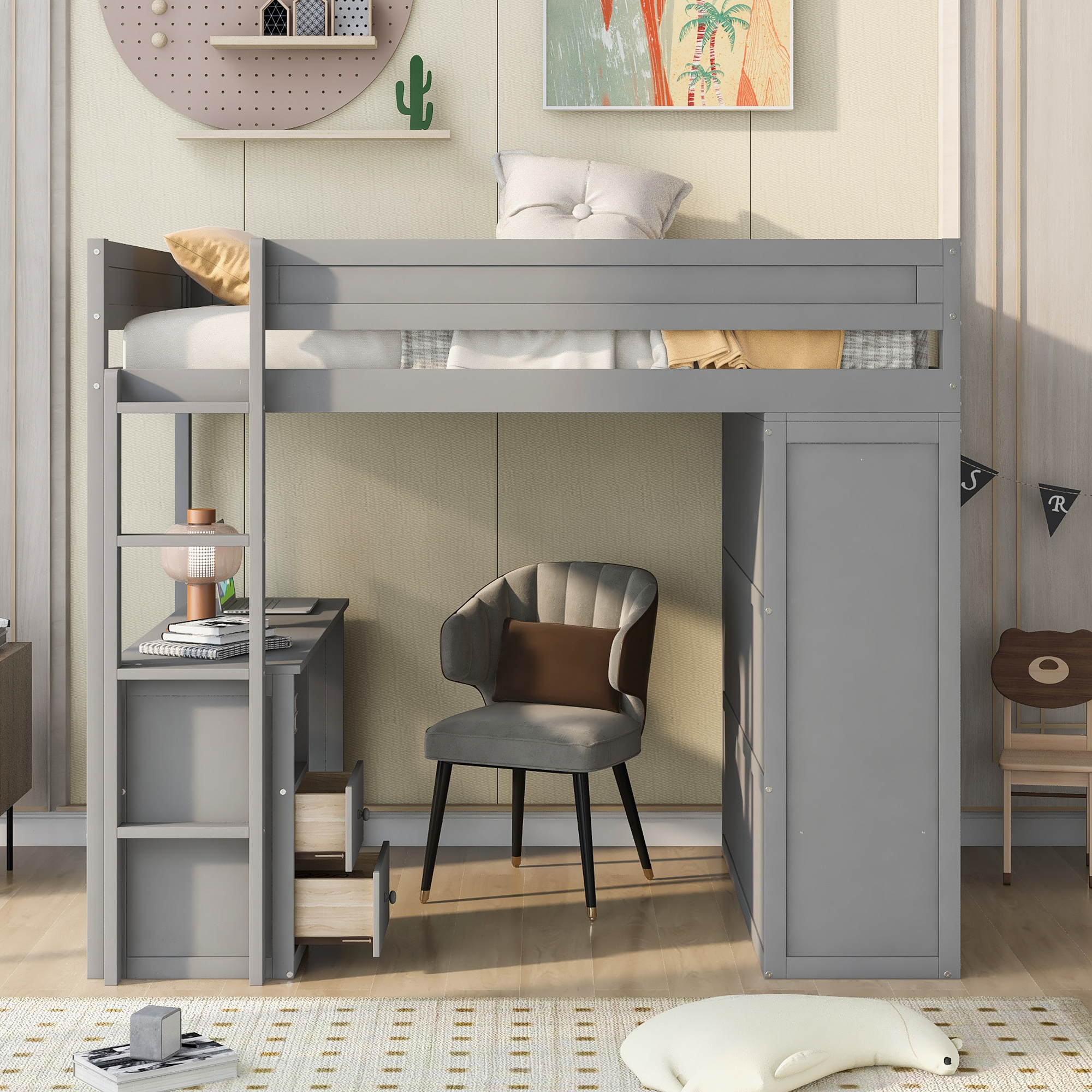 Wood Full Size Loft Bed with Wardrobes and 2-Drawer Desk with Cabinet Gray - Image 5
