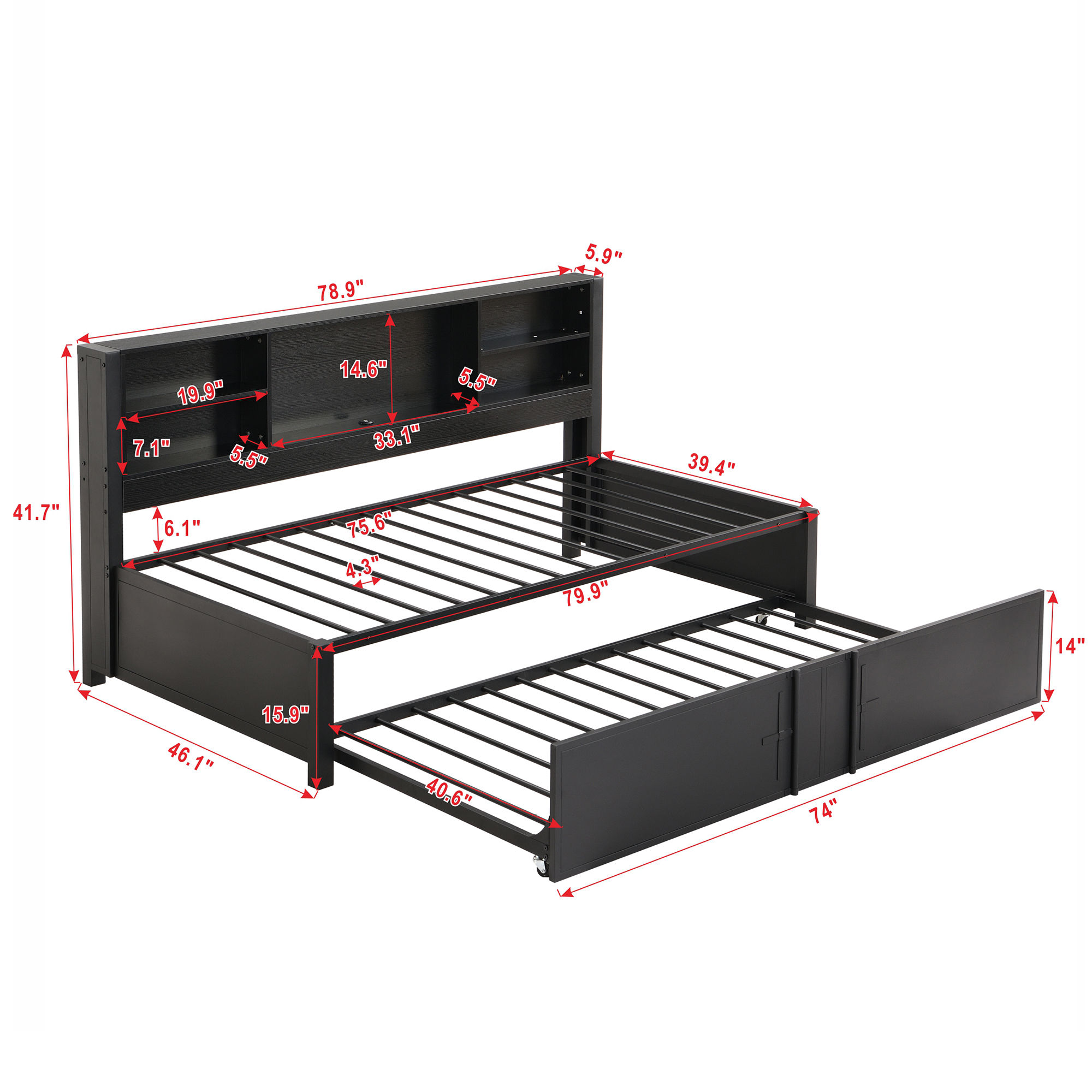 Metal Twin Size Daybed with Twin Size Trundle Storage Shelves and USB Ports Black - Image 12