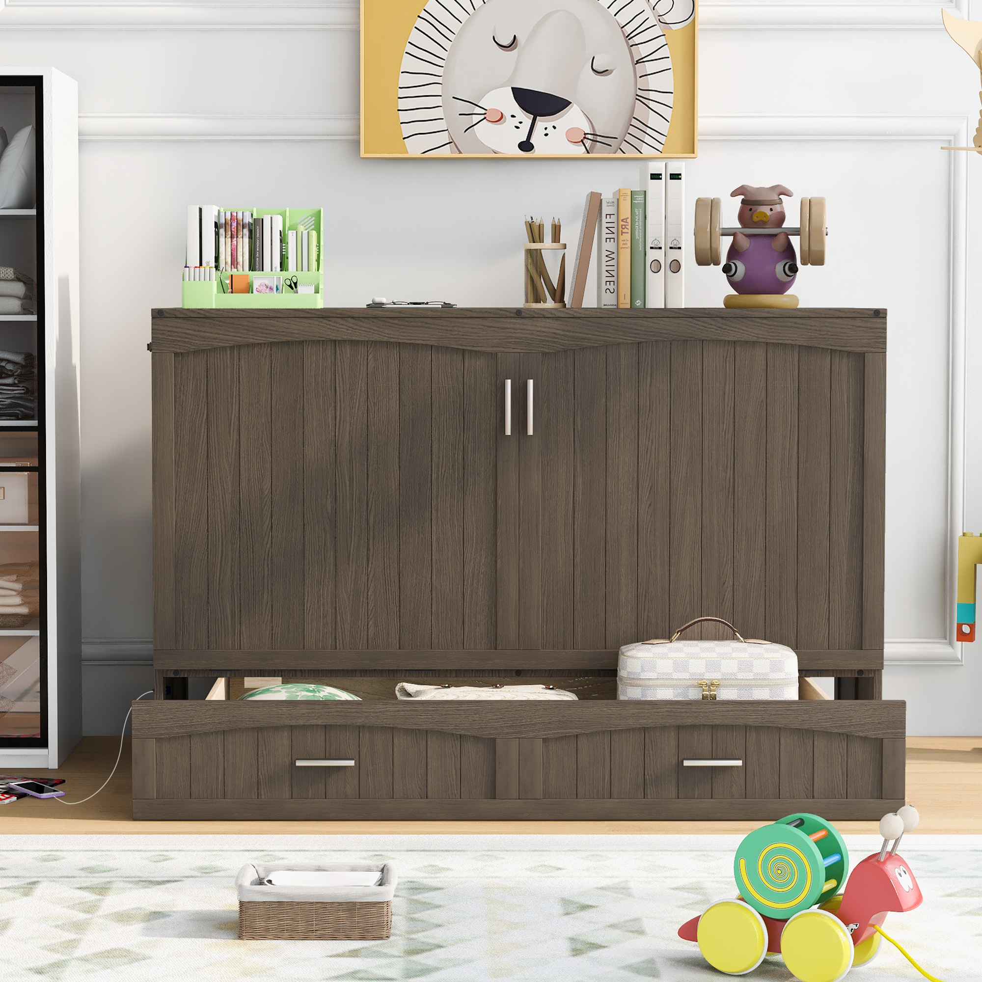 Queen Size Murphy Bed with Built-In Charging Station Antique Grey - Image 5