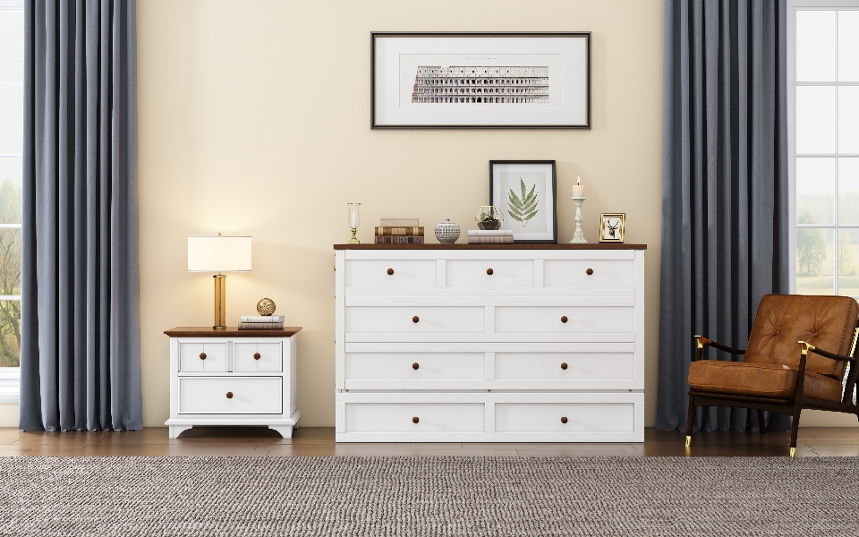 Solid Pine Murphy Bed Chest with Charging Station and Large Storage Drawer for Home Office or Small Room , Queen, White+Walnut - Image 5