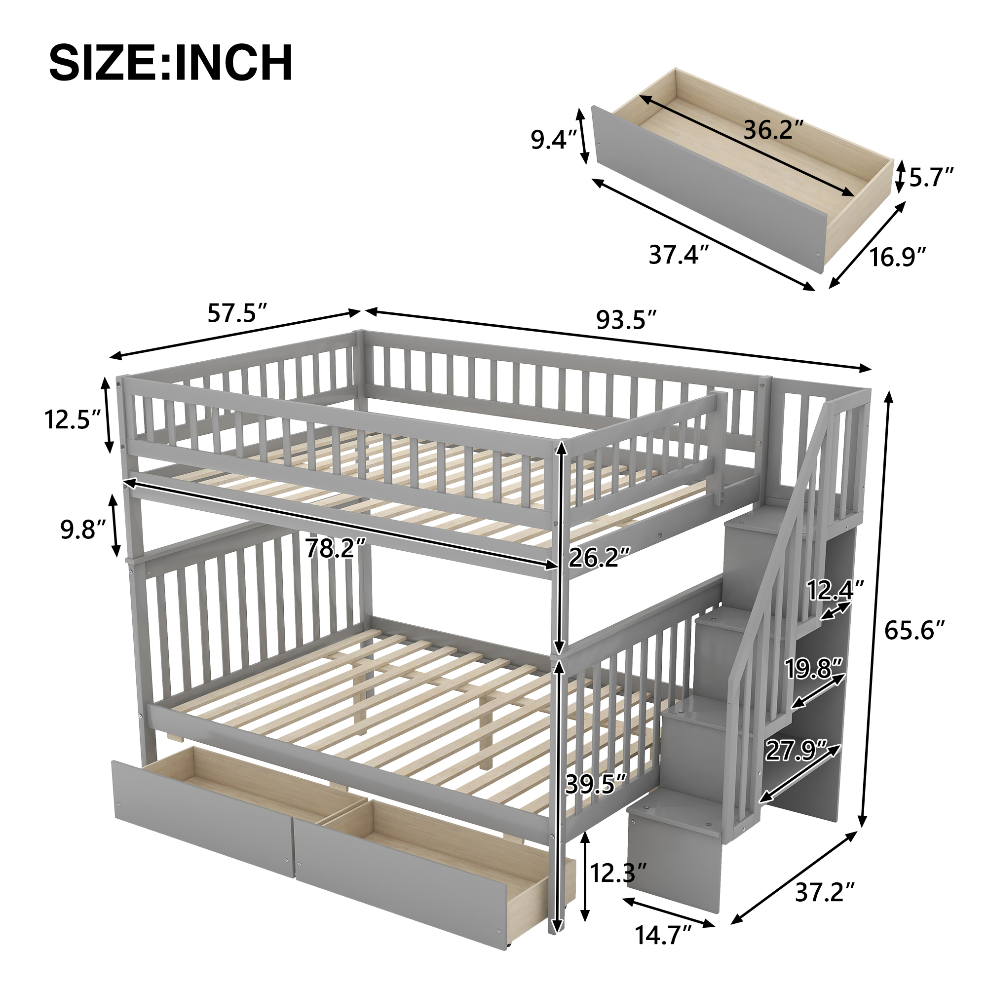 Full over Full Bunk Bed with Two Drawers and Storage, Gray - Image 5