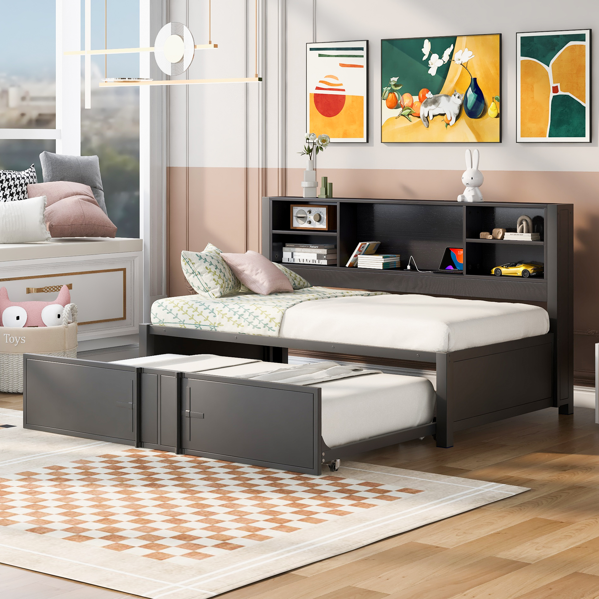 Metal Twin Size Daybed with Twin Size Trundle Storage Shelves and USB Ports Black - Image 5