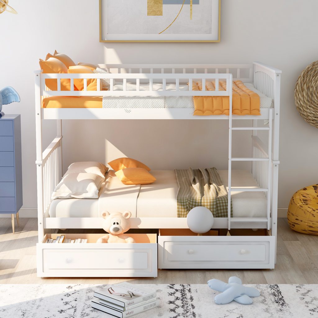 Full over Full Bunk Bed with Drawers Convertible Beds White
