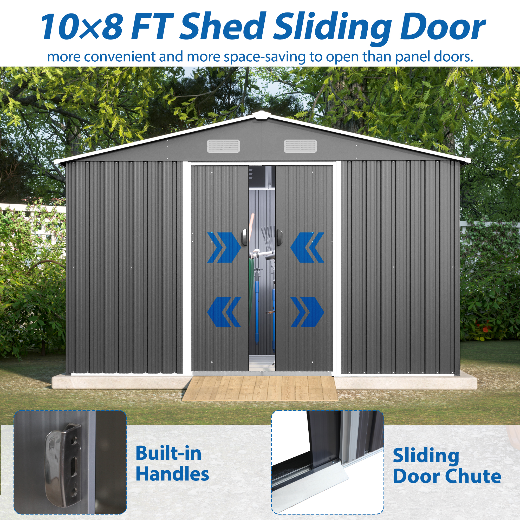 10X8 FT outdoor tool storage shed with metal foundation and lockable door, all-weather metal shed, gray - Image 8