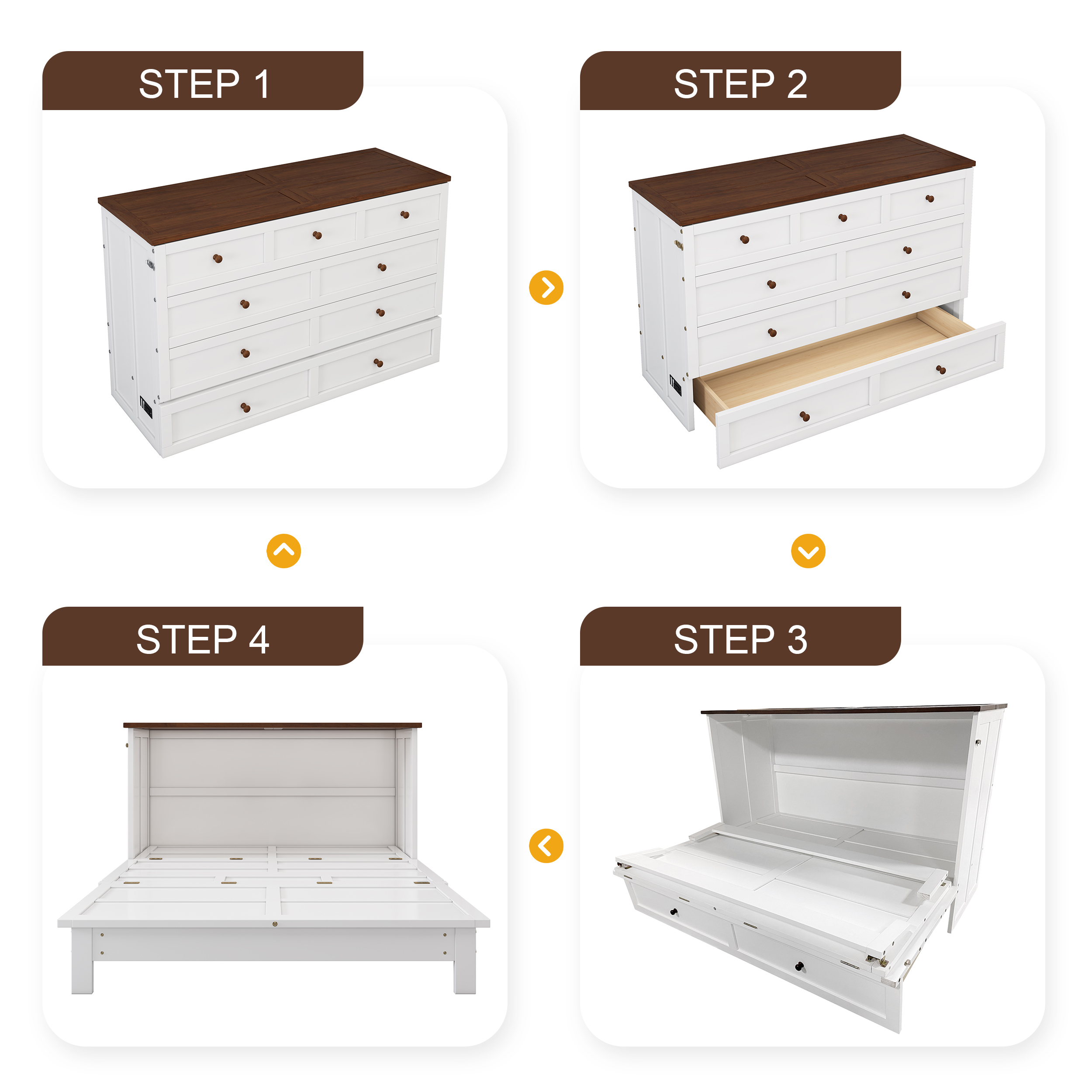 Solid Pine Murphy Bed Chest with Charging Station and Large Storage Drawer for Home Office or Small Room , Queen, White+Walnut - Image 9