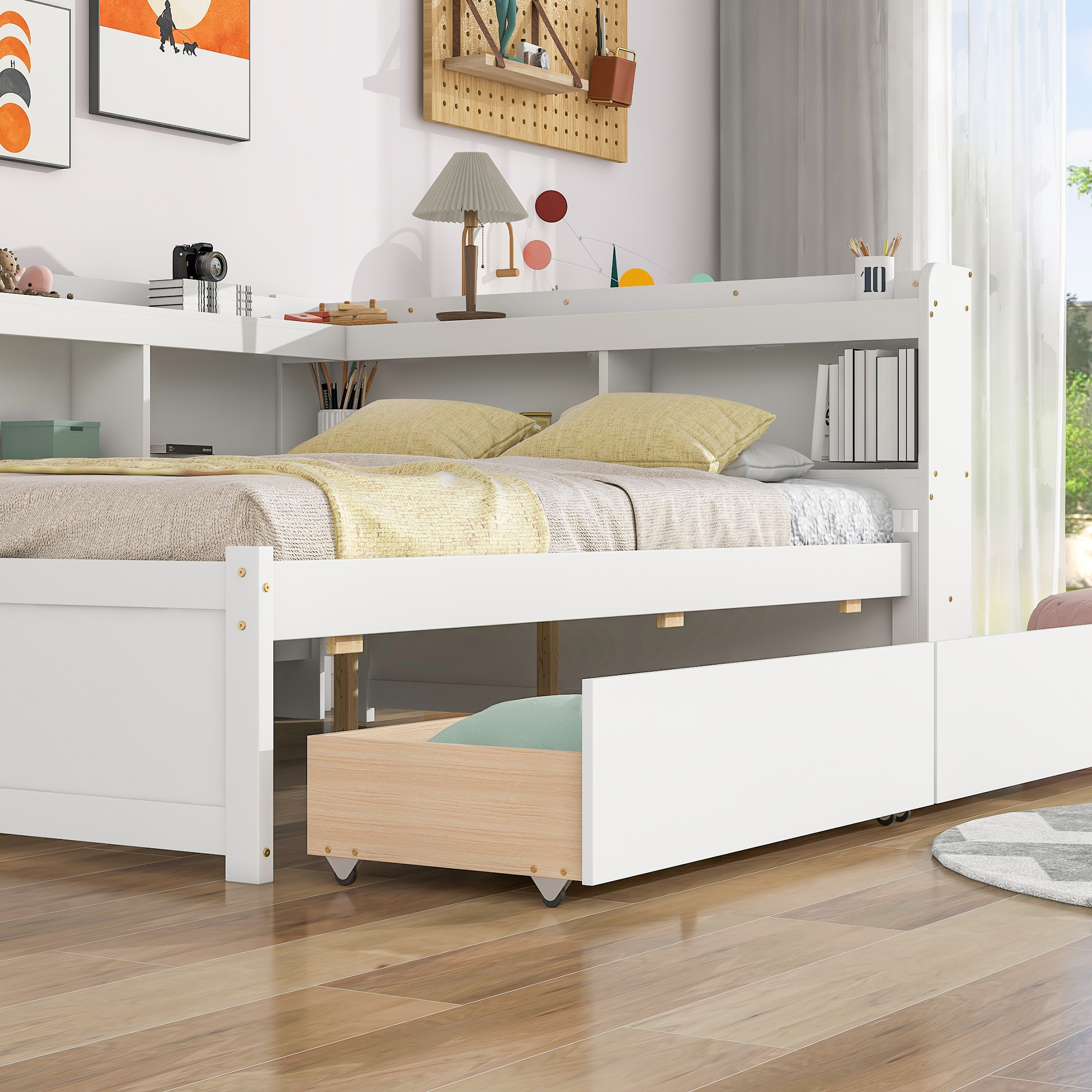 Full Bed with L-shaped Bookcases, Drawers ,White - Image 7