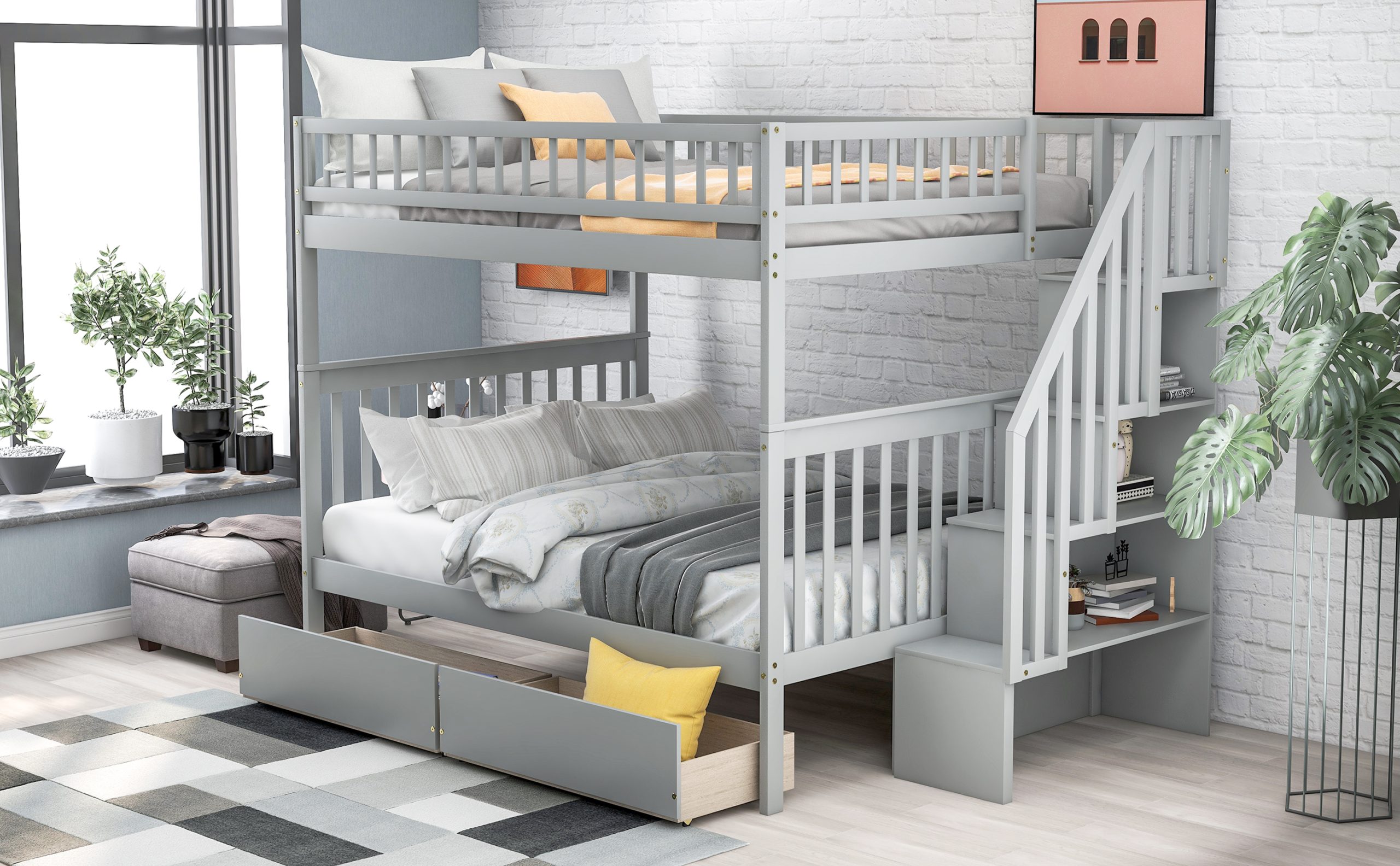 Full over Full Bunk Bed with Two Drawers and Storage, Gray - Image 4