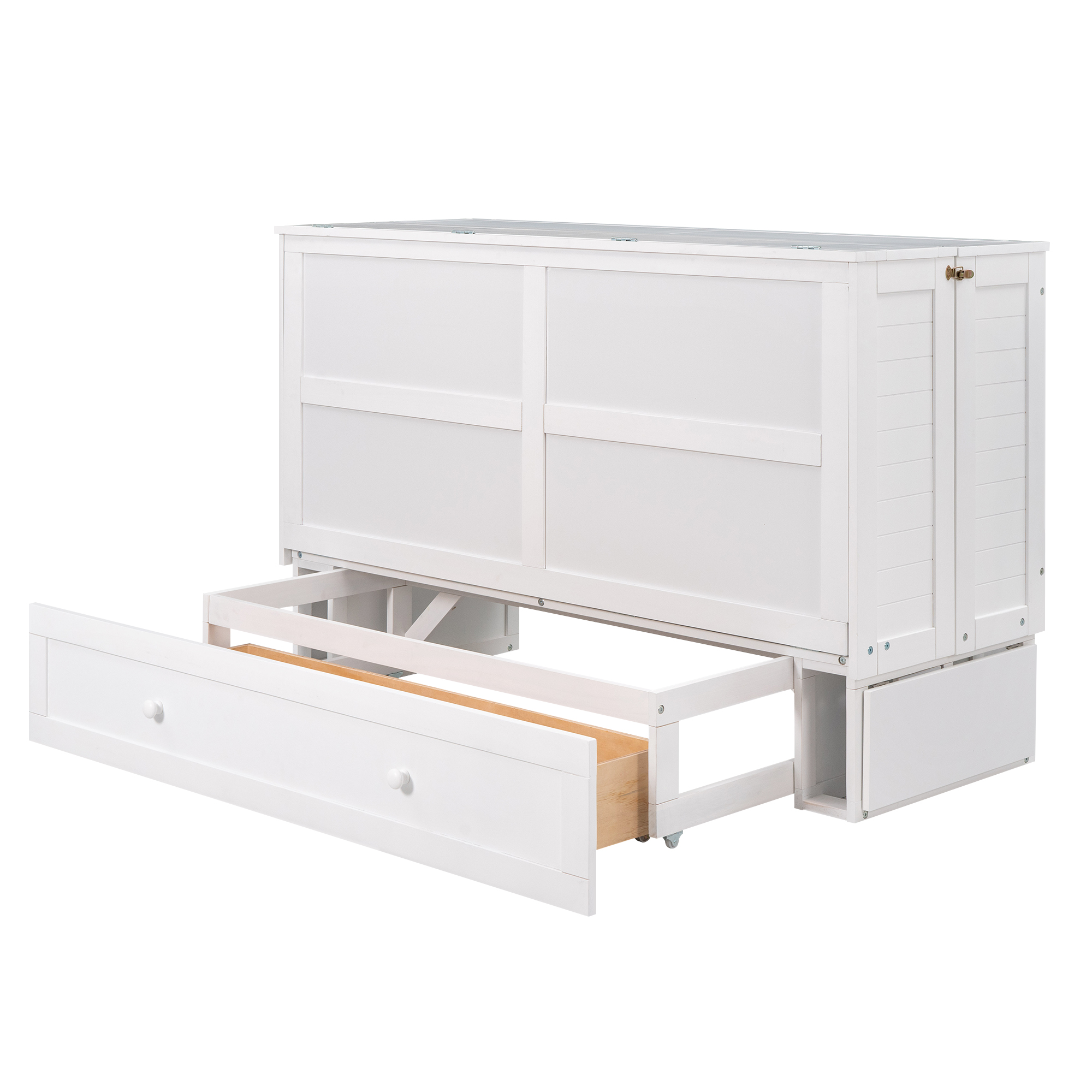 Queen Size Mobile Murphy Bed with Drawer and Little Shelves on Each Side White - Image 9