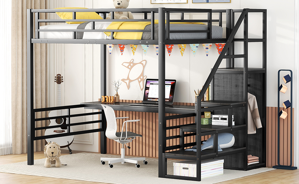 Full Size Metal Loft Bed with Desk, Storage Staircase and Small Wardrobe, Storage stairs can be installed left and right,Black - Image 14
