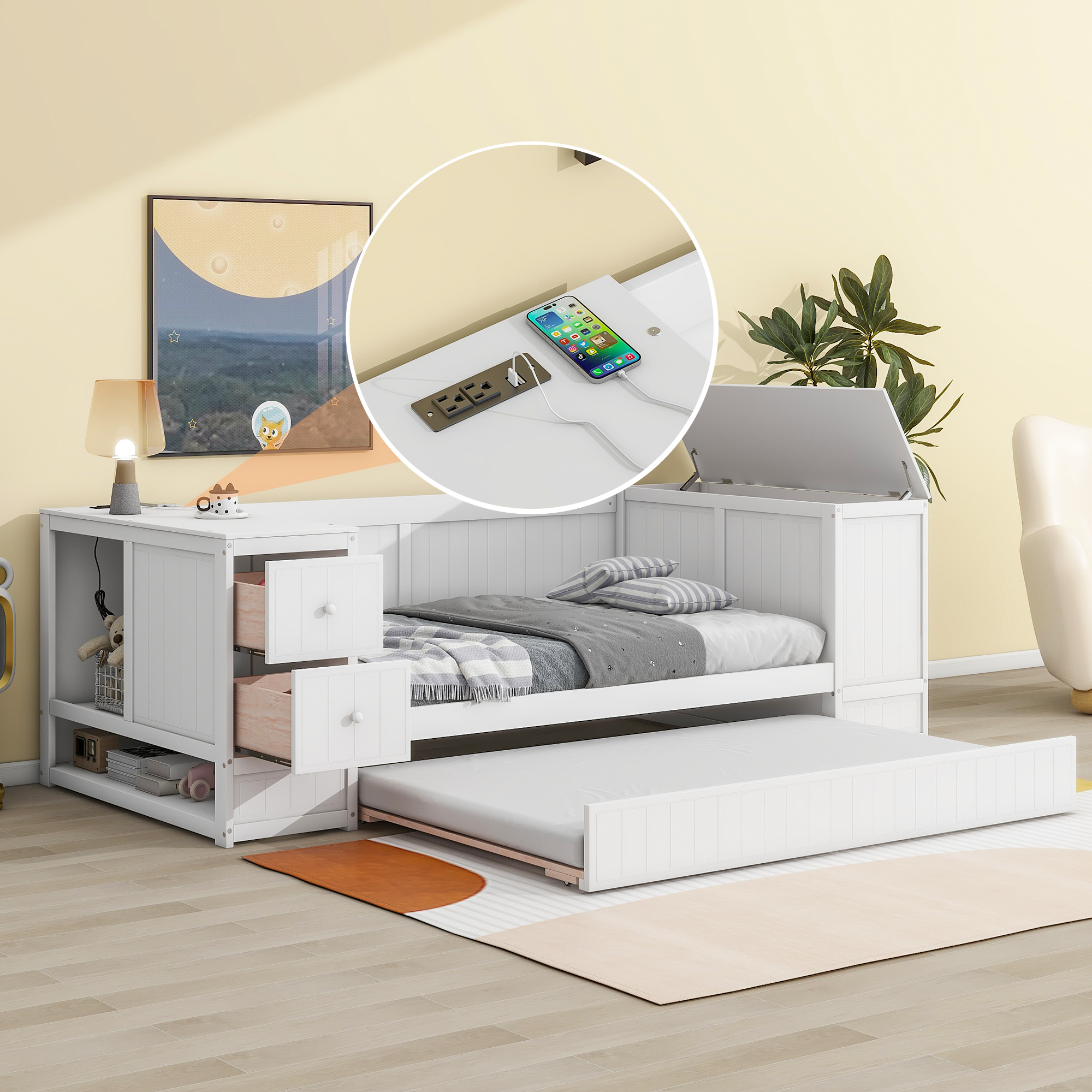 Twin Size Daybed with Storage Arms Trundle and Charging Station White - Image 20