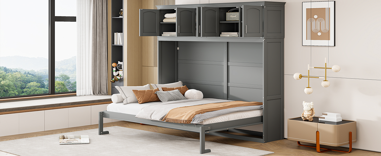 Full Size Murphy Bed Wall Bed with Top Cabinets,Gray - Image 15