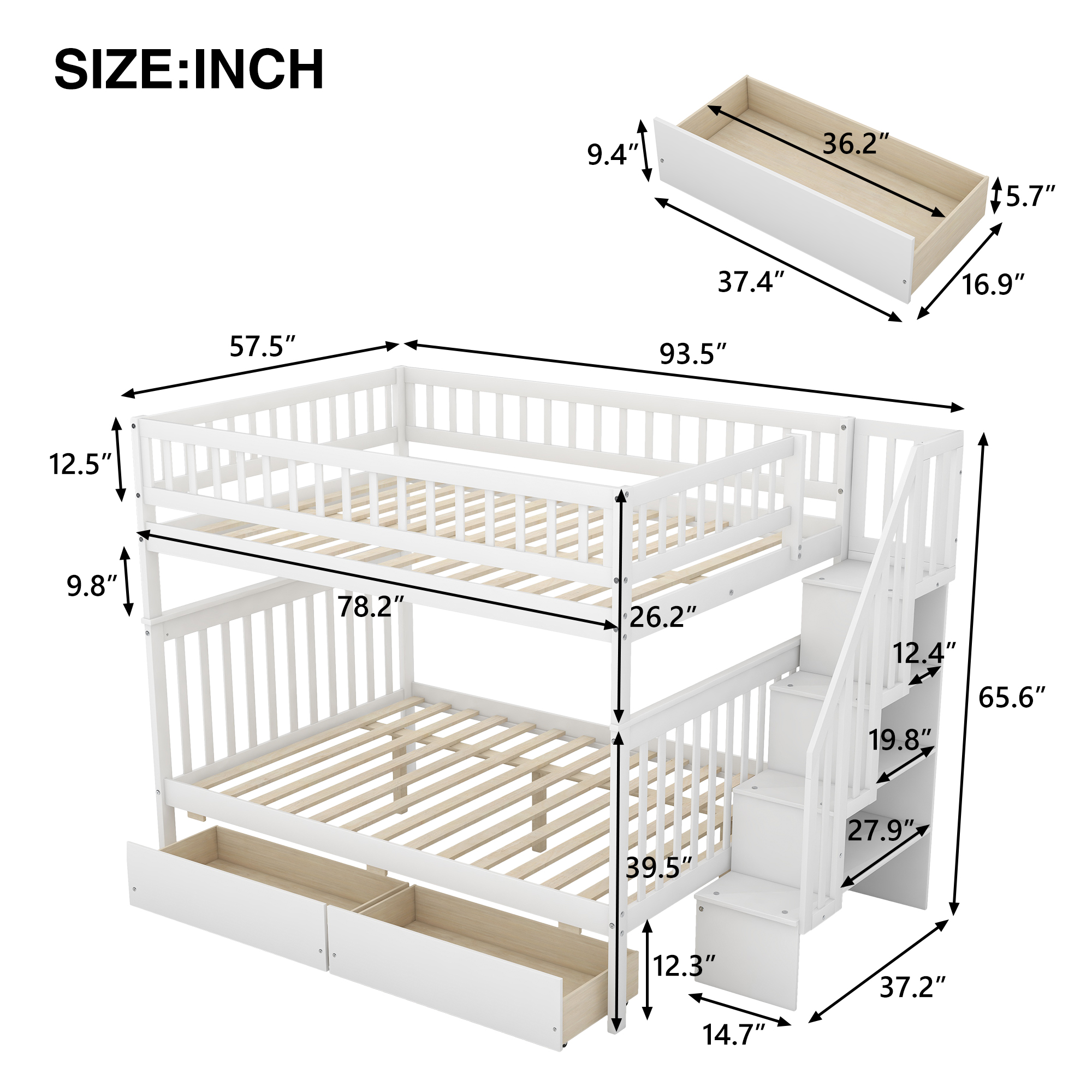 Full over Full Bunk Bed with Two Drawers and Storage White - Image 2