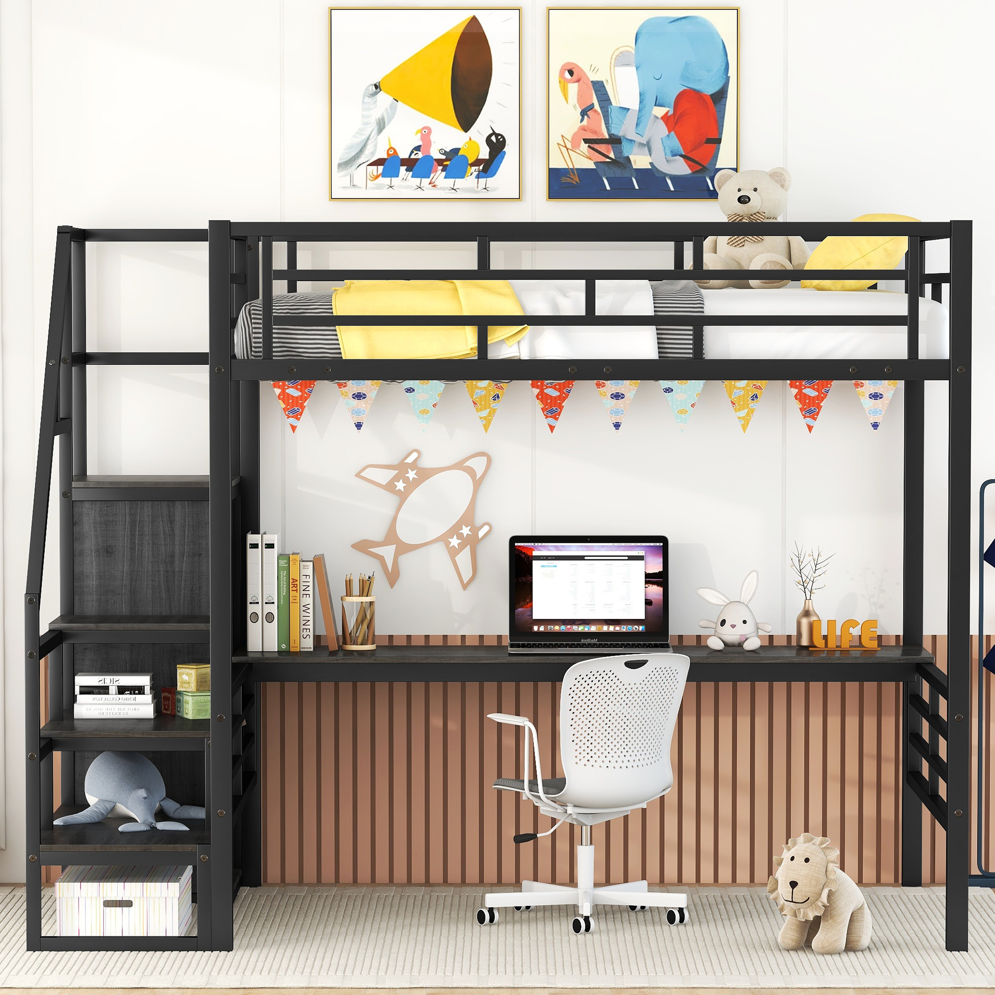 Full Size Metal Loft Bed with Desk, Storage Staircase and Small Wardrobe, Storage stairs can be installed left and right,Black - Image 11