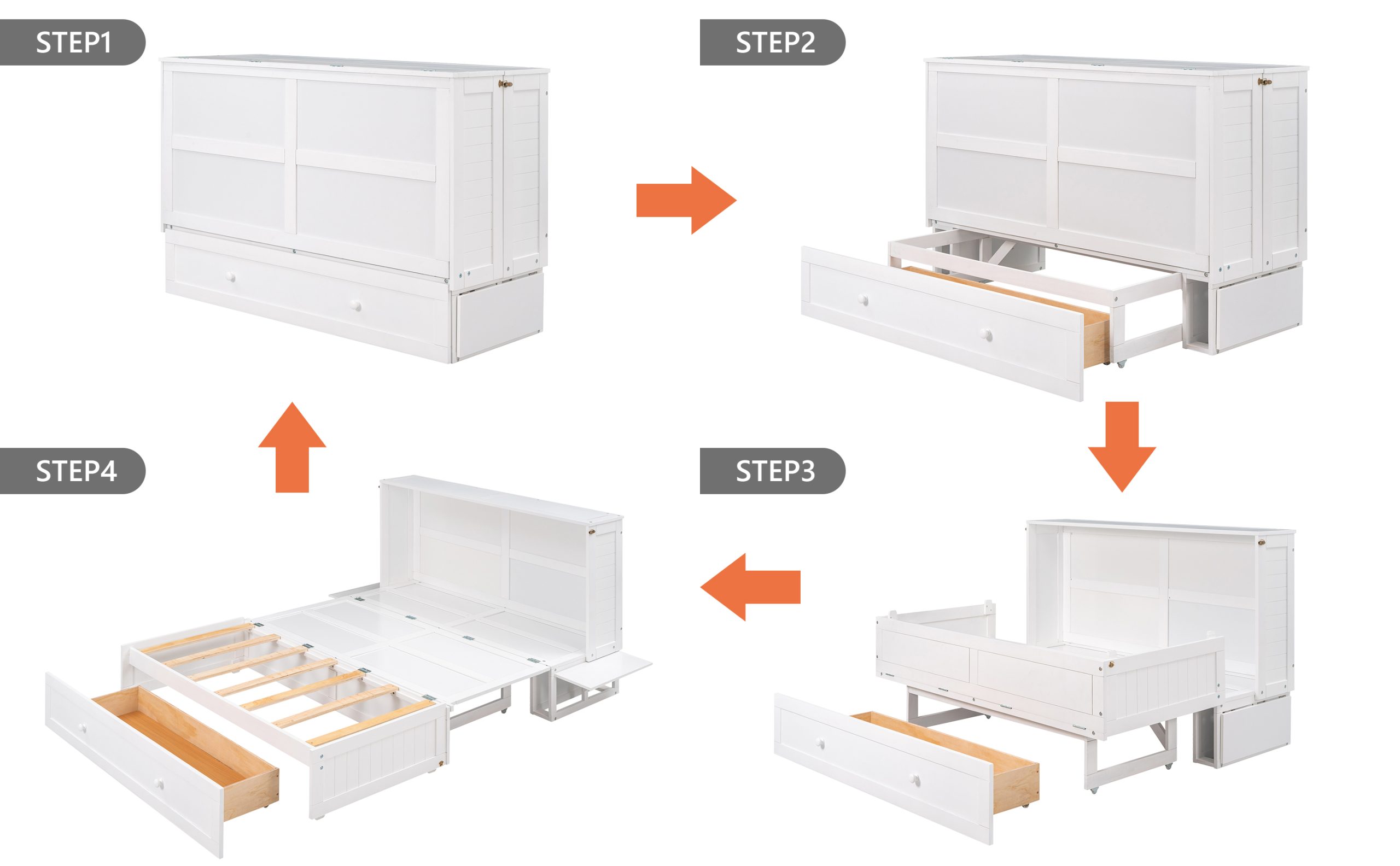 Queen Size Mobile Murphy Bed with Drawer and Little Shelves on Each Side White - Image 6