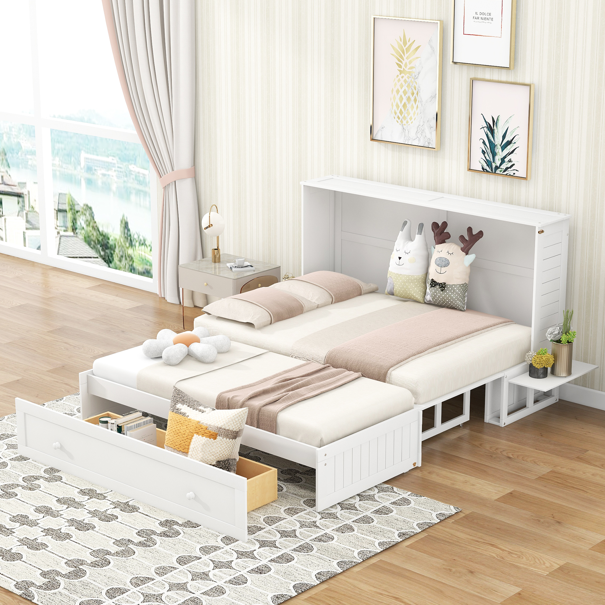 Queen Size Mobile Murphy Bed with Drawer and Little Shelves on Each Side White - Image 18