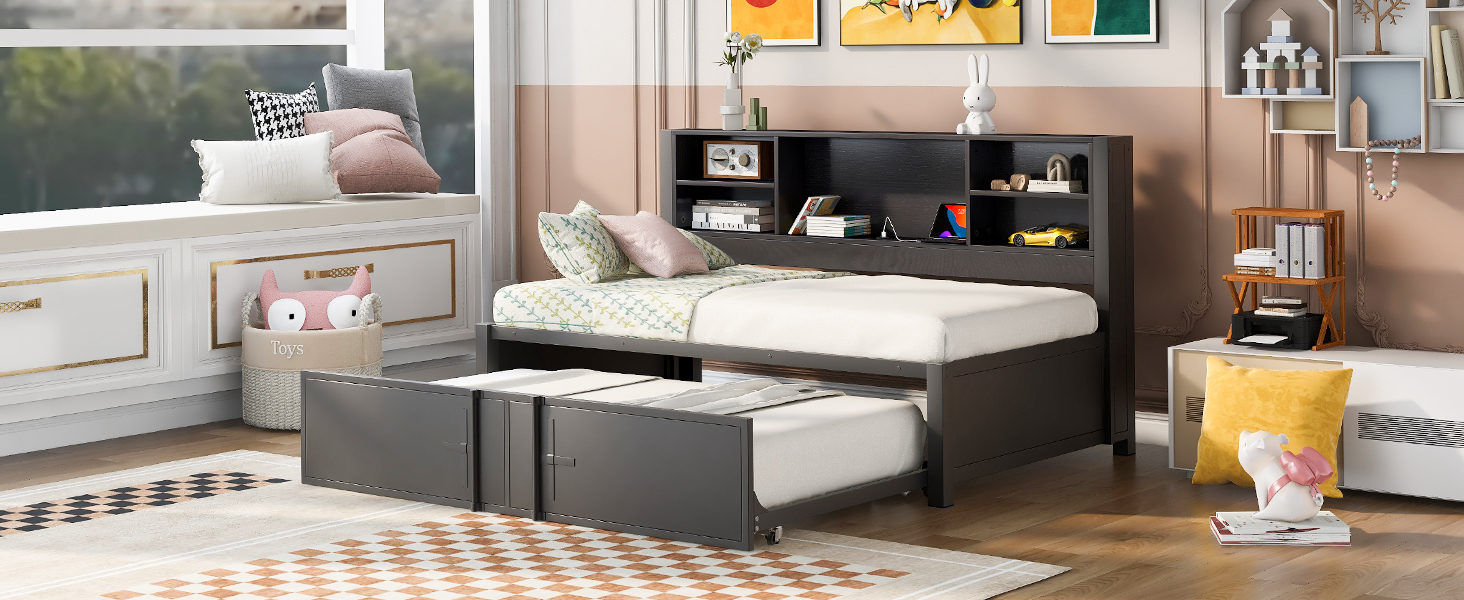 Metal Twin Size Daybed with Twin Size Trundle Storage Shelves and USB Ports Black - Image 7