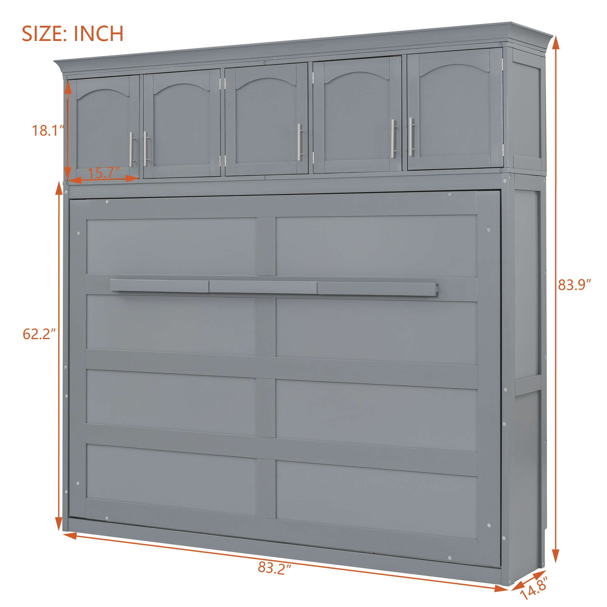 Full Size Murphy Bed Wall Bed with Top Cabinets,Gray - Image 4