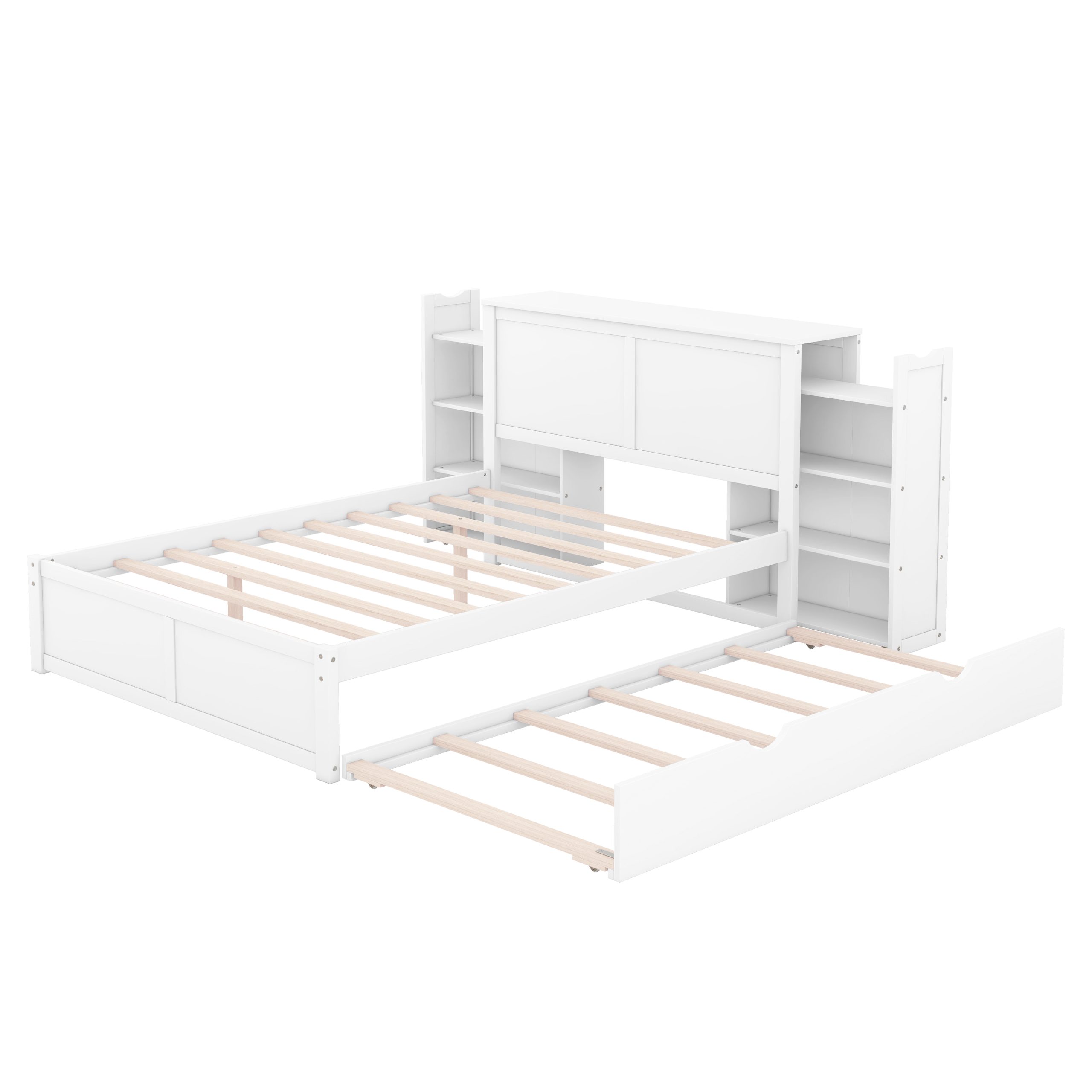 Full Size Storage Platform Bed with Pull Out Shelves and Twin Size Trundle, White - Image 4