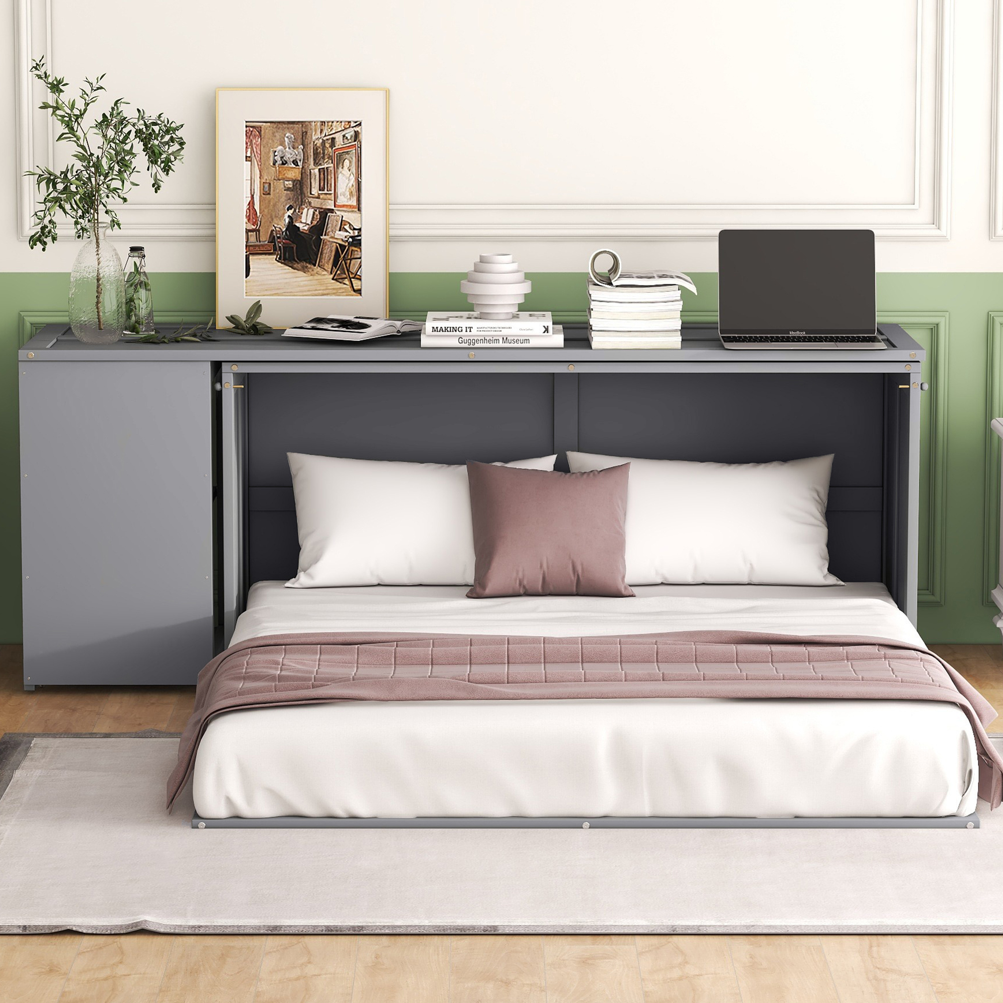 Queen Size Murphy Bed with Rotable Desk Gray - Image 6