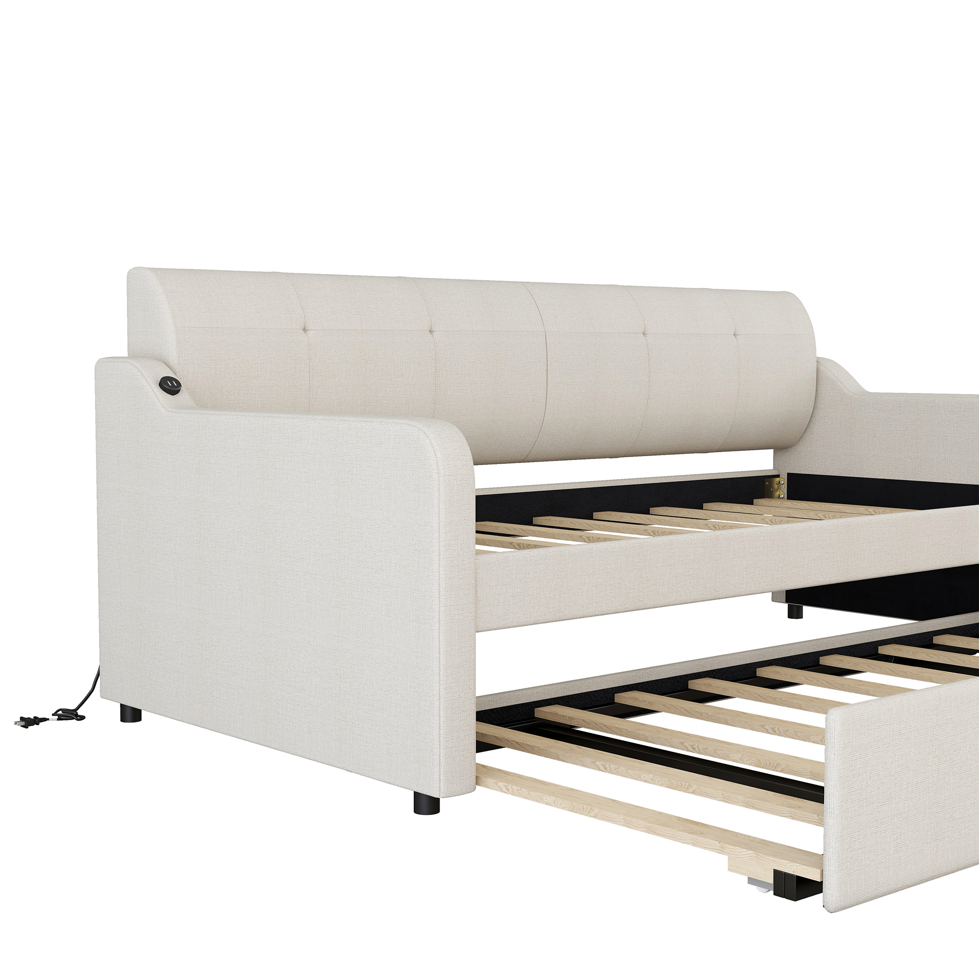 Twin Size Upholstery Daybed with Trundle and USB Charging Design Trundle can be flat or erected Beige - Image 10