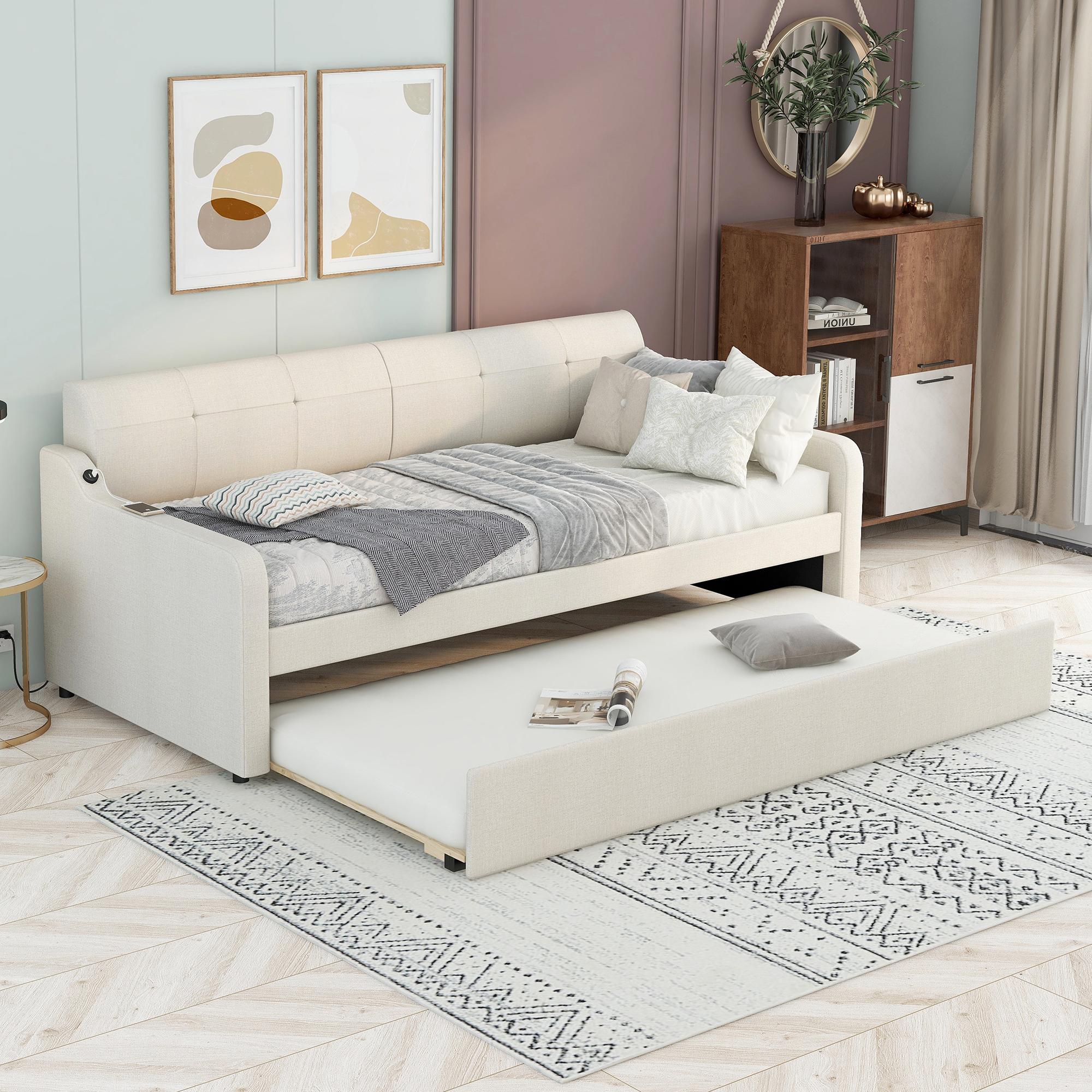 Twin Size Upholstery Daybed with Trundle and USB Charging Design Trundle can be flat or erected Beige - Image 13