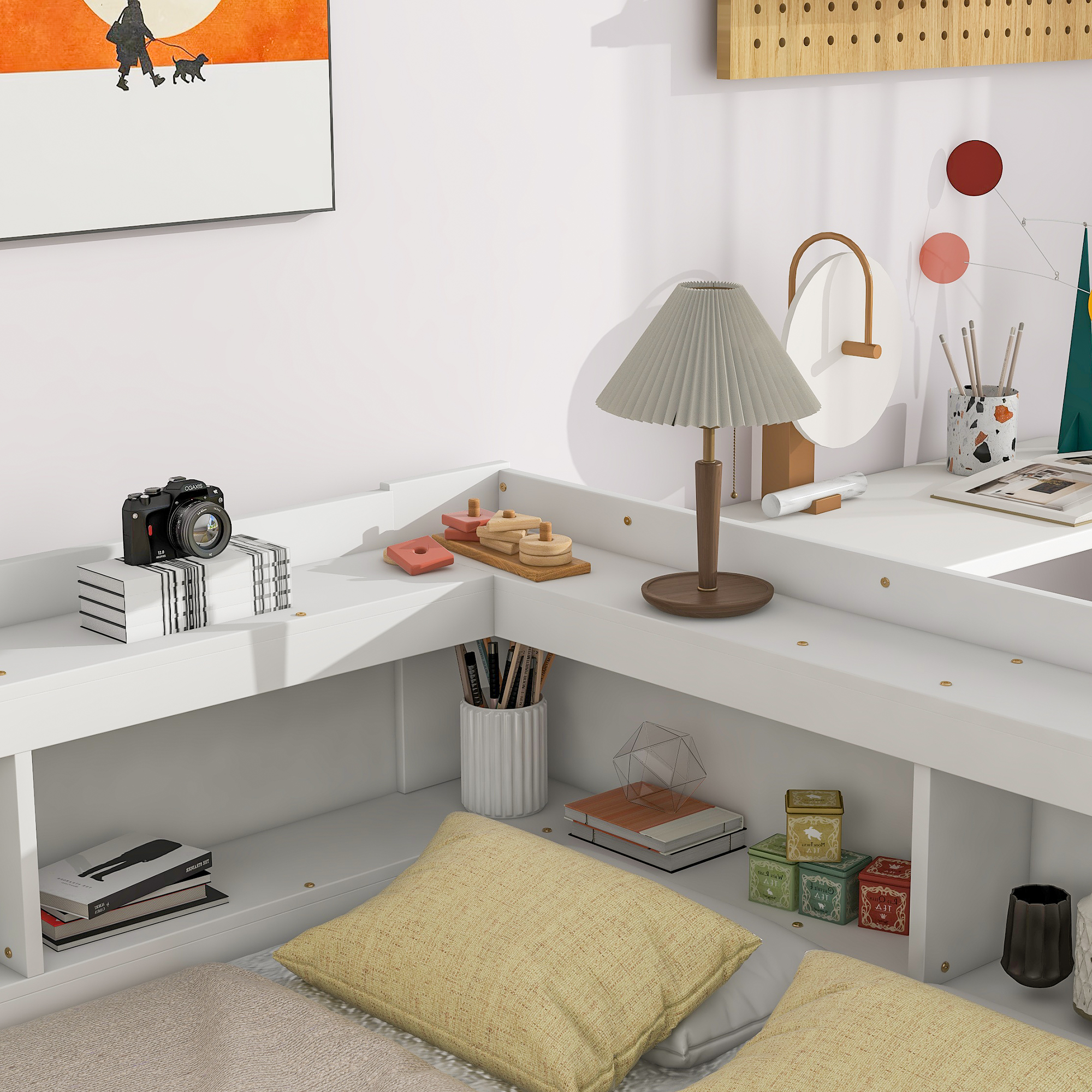Full Bed with L-shaped Bookcases, Drawers ,White - Image 3